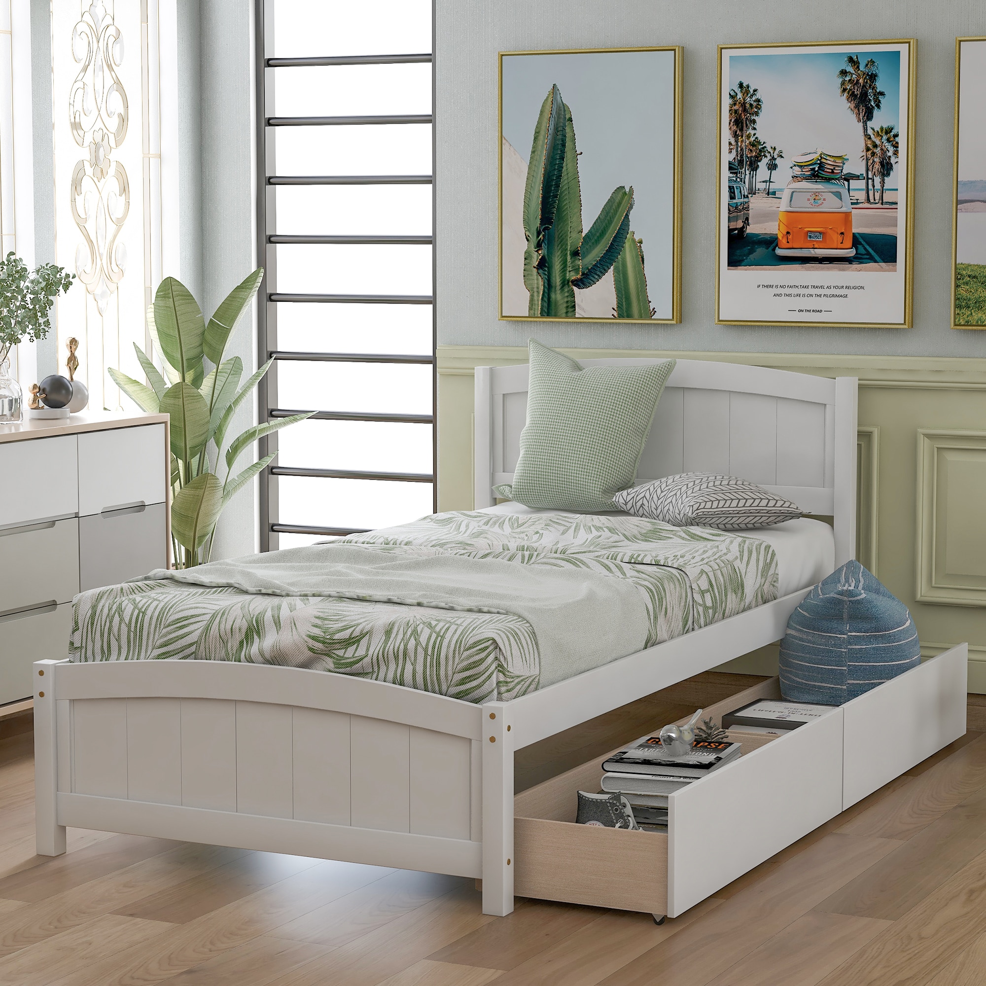 JIMSMAISON JMLFFB13W White Twin Wood Platform Bed with Storage