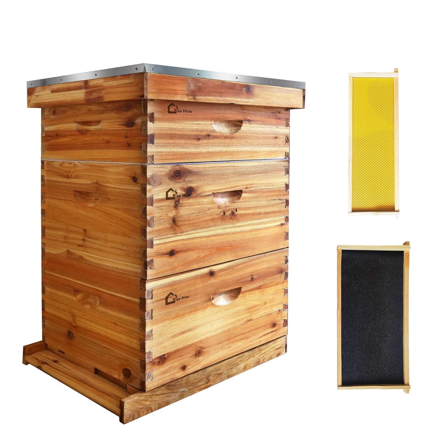 Qeetex GGL-PPG-33BLX87R 10-Frame Complete Beehive Kit Wax Coated Bee Hives for Beginner Includes 2 Deep Box and 1 Medium Bee Box with Beehives Frames and Wax Foundations for Beekeeping Supplement