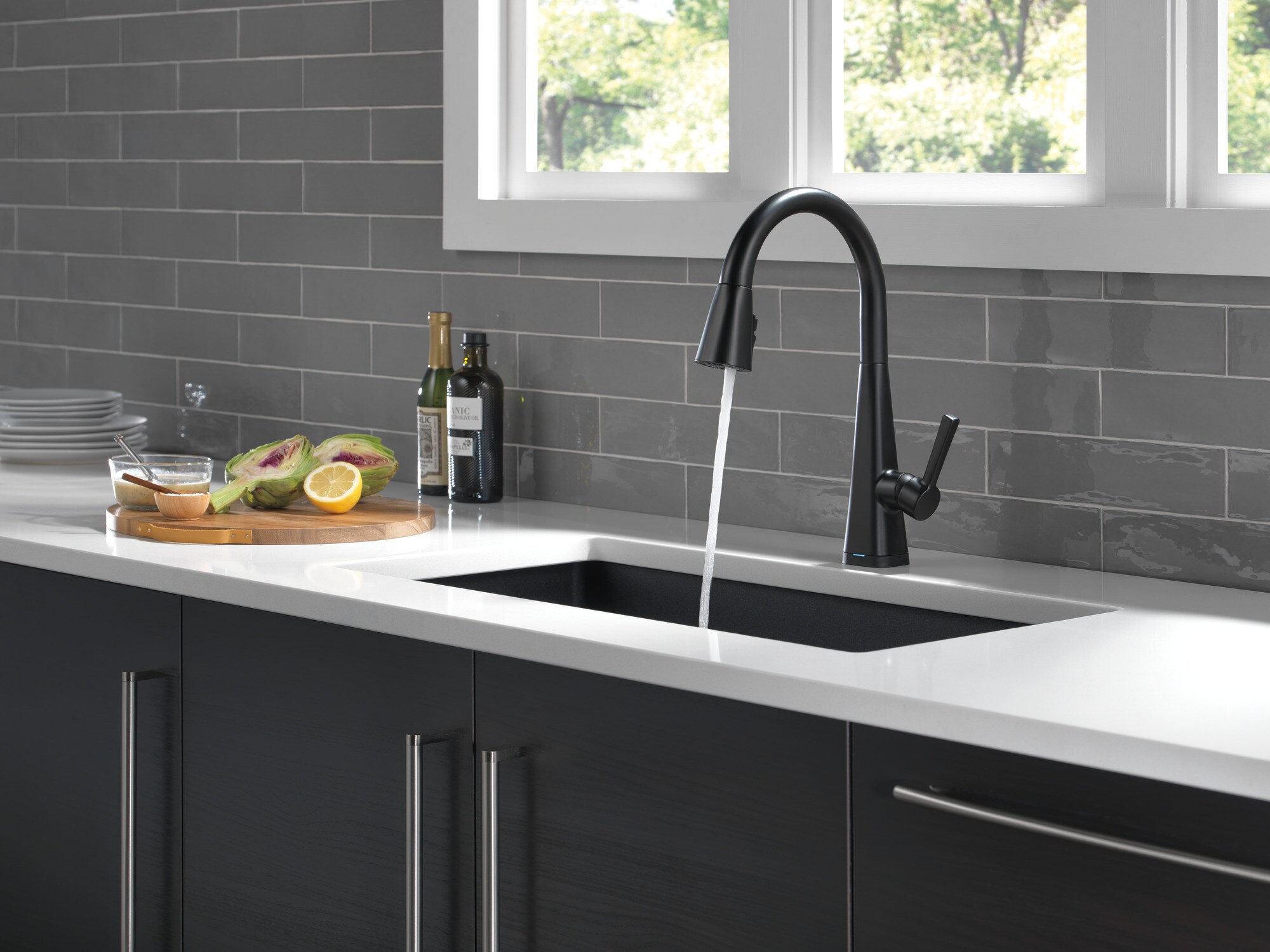Delta Lenta Touch2O Matte Black Double Handle Pull-down Touch-on Kitchen  Faucet with Sprayer (Deck Plate Included)