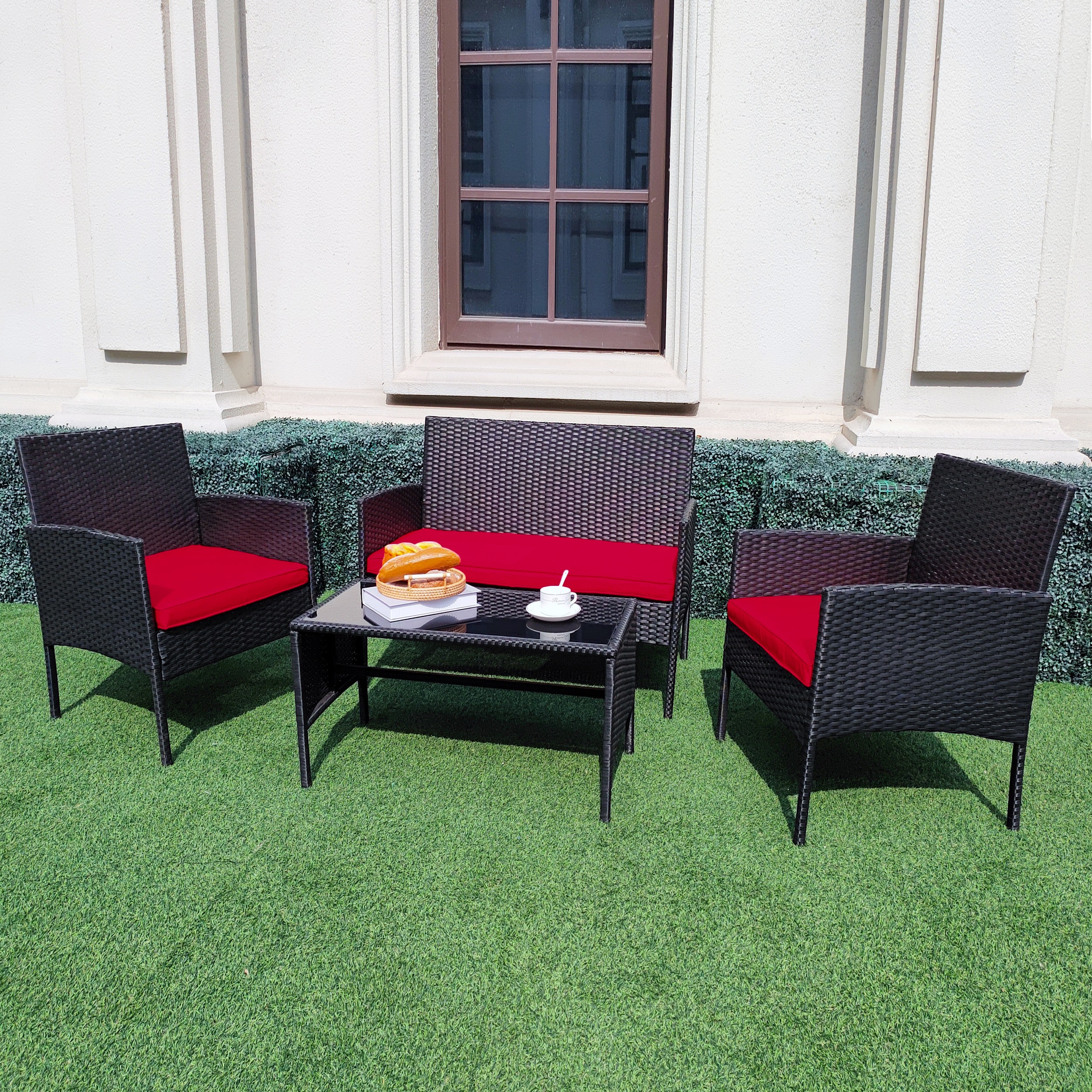 Grearden LS2109-RD Conversation Set 4 -Piece Rattan Patio Conversation Set with Red Cushions