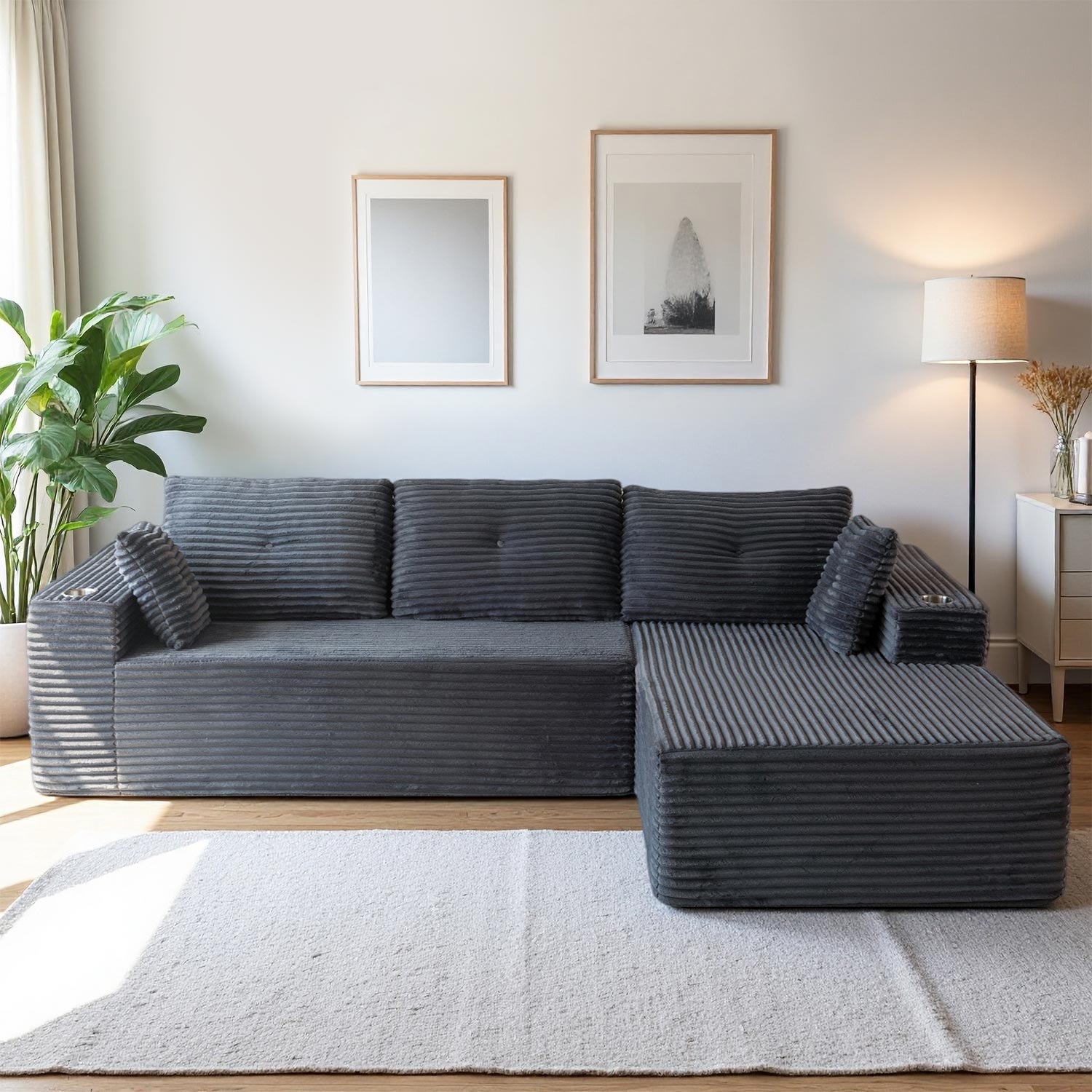 MAXYOYO - 104-in Dark Grey Modular Corduroy Sectional Couch Sofa with L-Shape Right Chaise