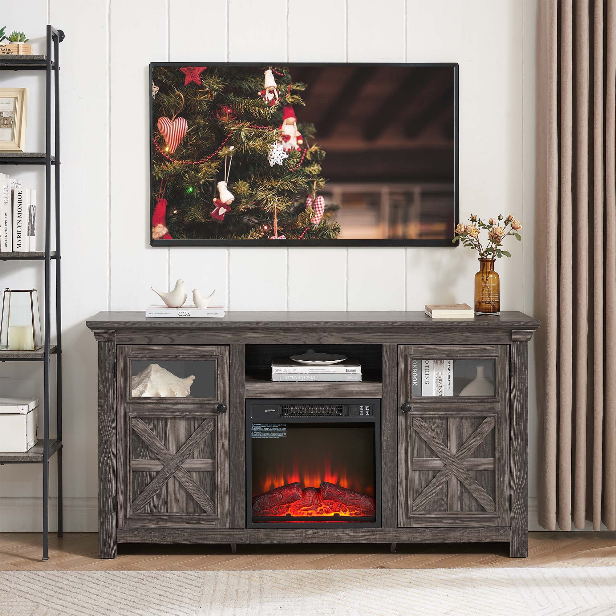 Fun Orange FUN25EF05 60.23-in W Gray TV Stand with Fan-forced Flat wall Electric Fireplace with Remote Control Included