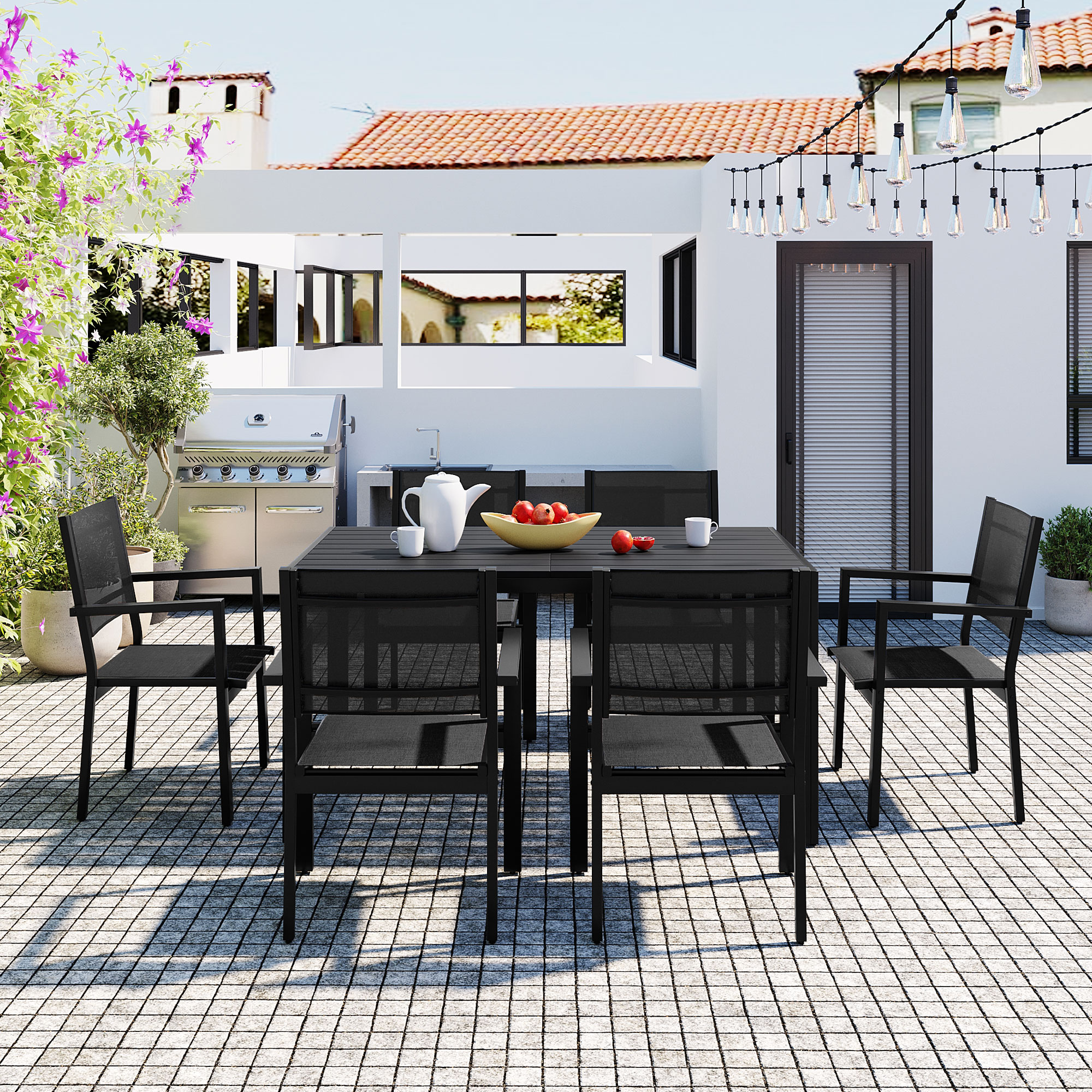 JIMSMAISON BOUSPD04B 7 -Piece Black Patio Dining Set Steel Rectangle Table with 6 Black Stationary Chairs