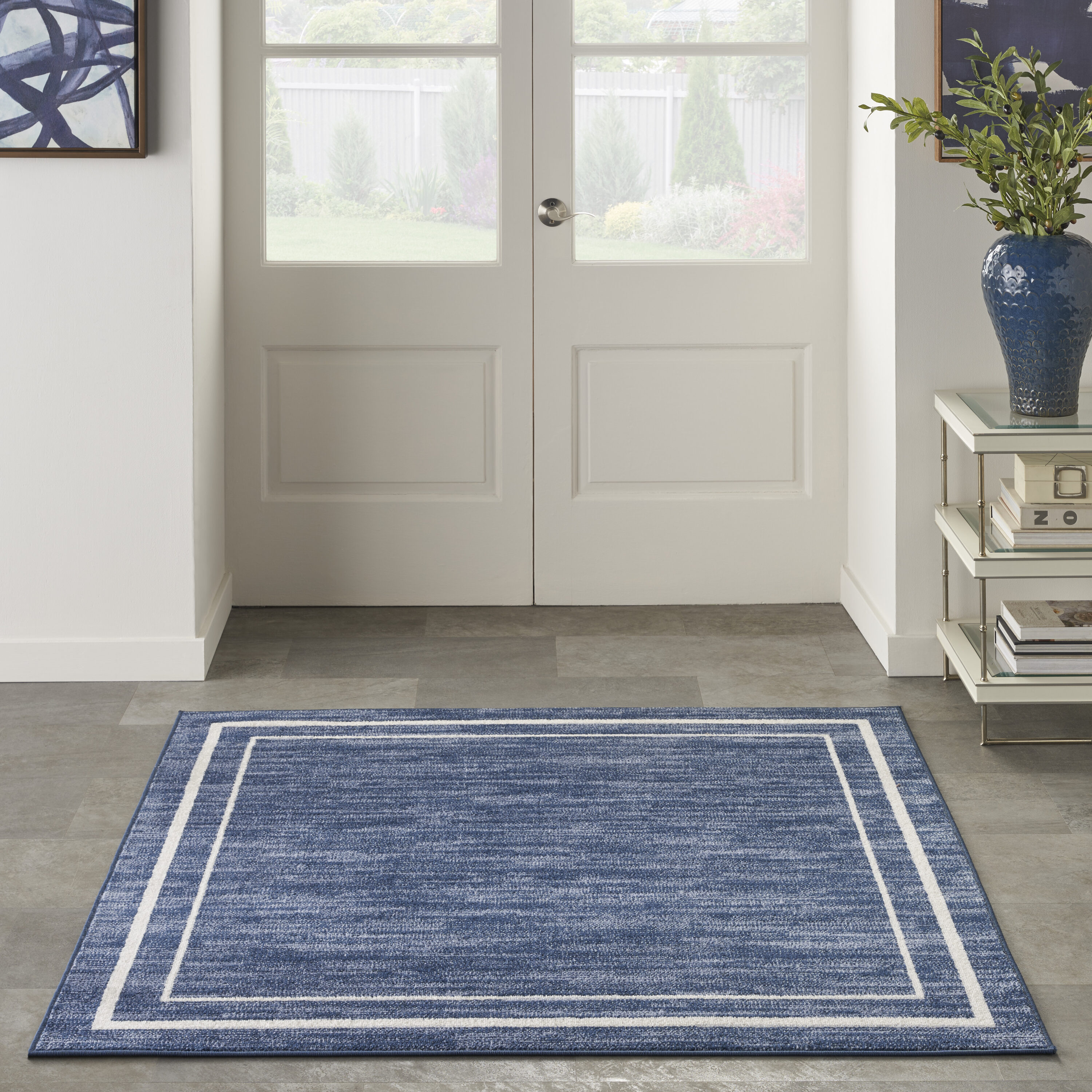 Navy/Ivory Synthetic 5' Square Indoor/Outdoor Easy-Care Rug