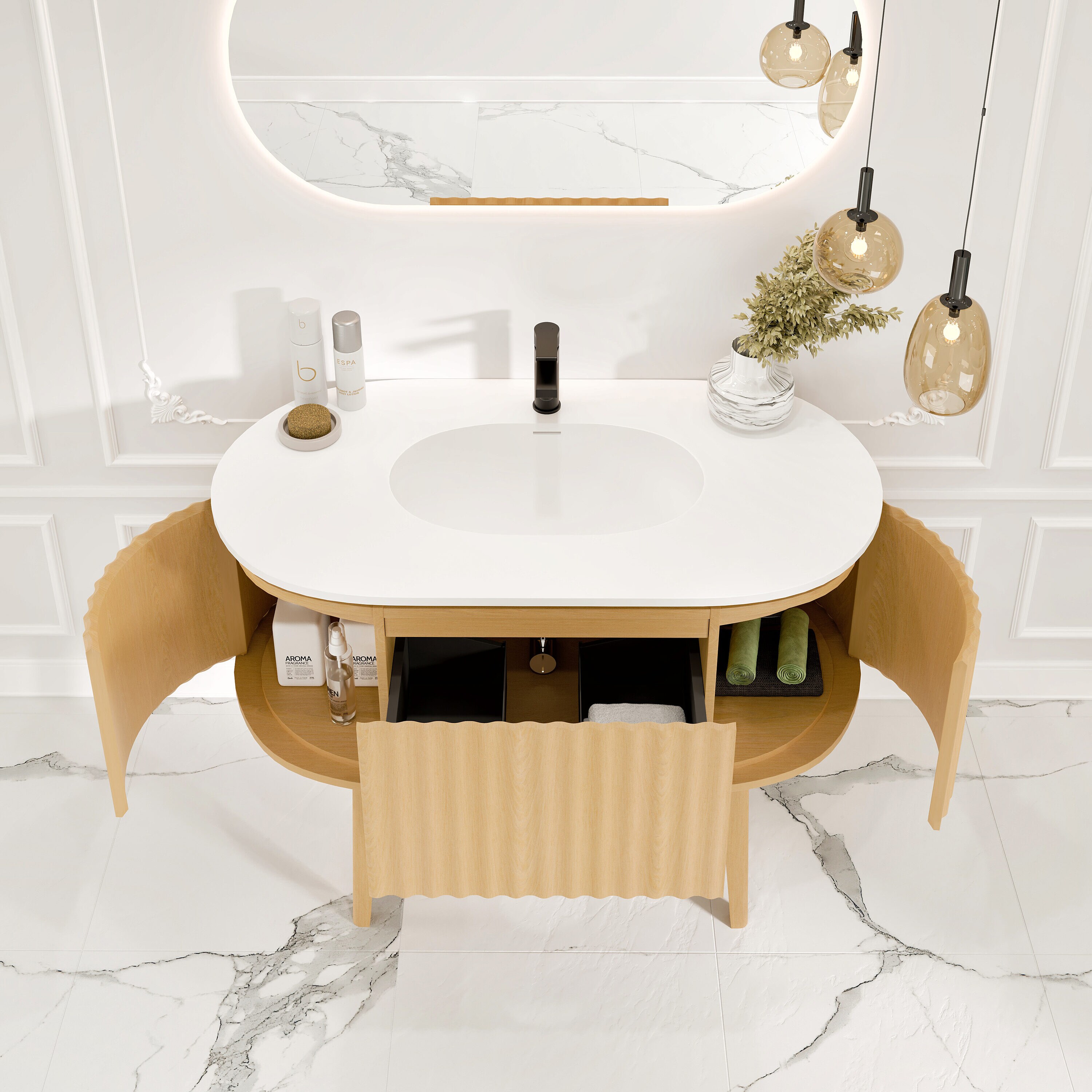 Natural Oak Freestanding Bathroom Vanity with White Solid Surface Top