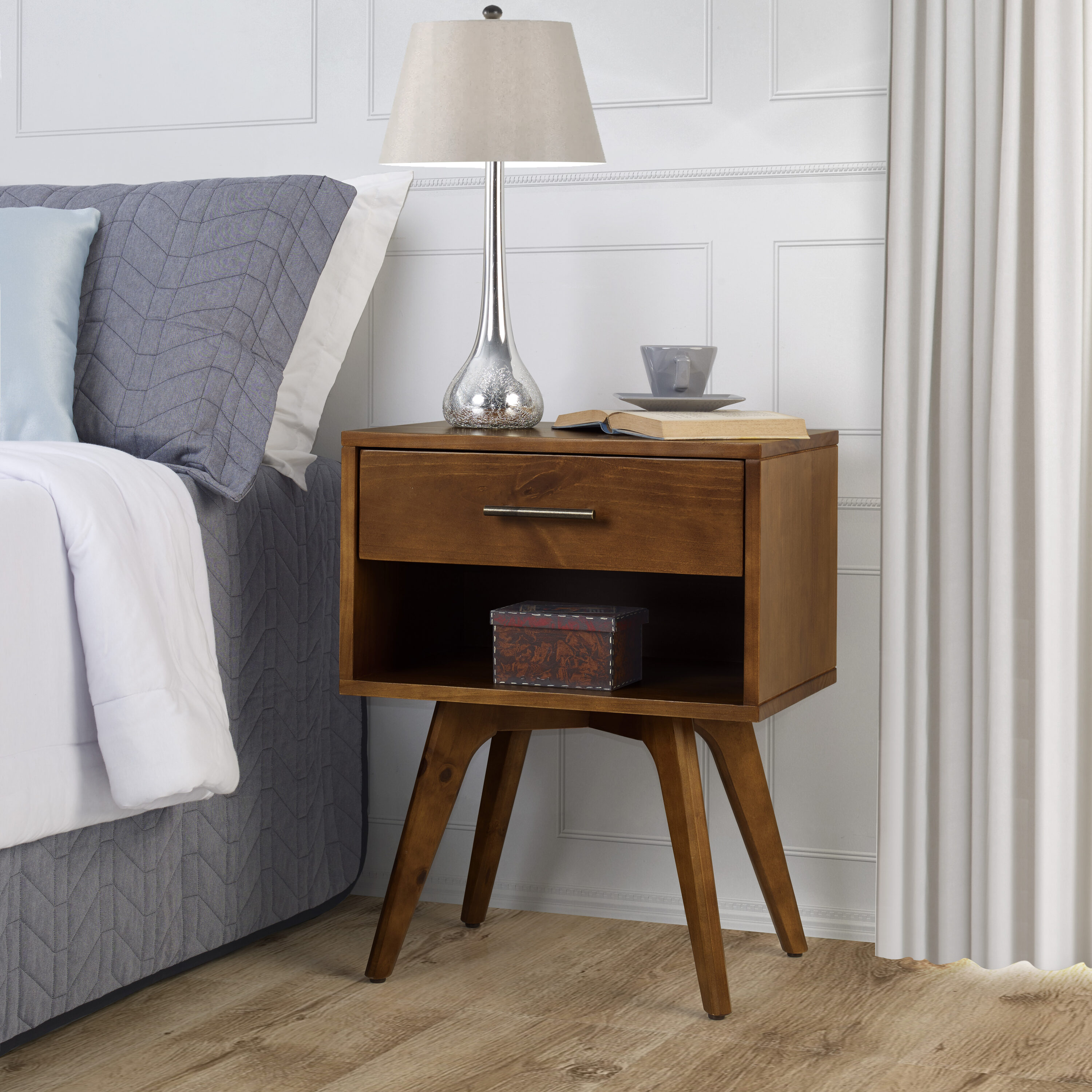 Camaflexi Mid-Century Modern Pine Wood Nightstand with 1 Drawer and ...