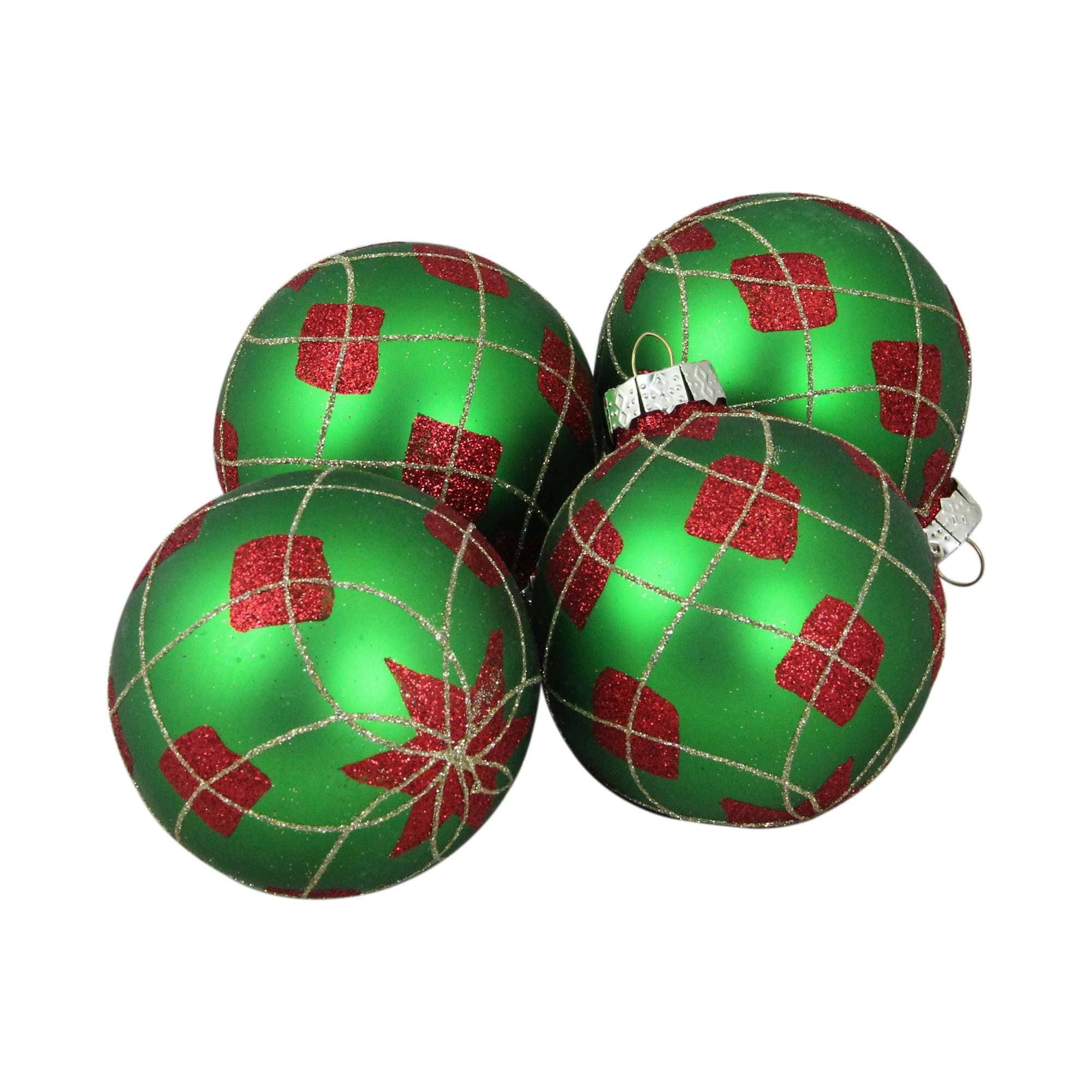 Northlight Glittered Argyle Christmas Glass Ball Ornaments - 3.25 inch (80mm) - Green and Red - 4ct