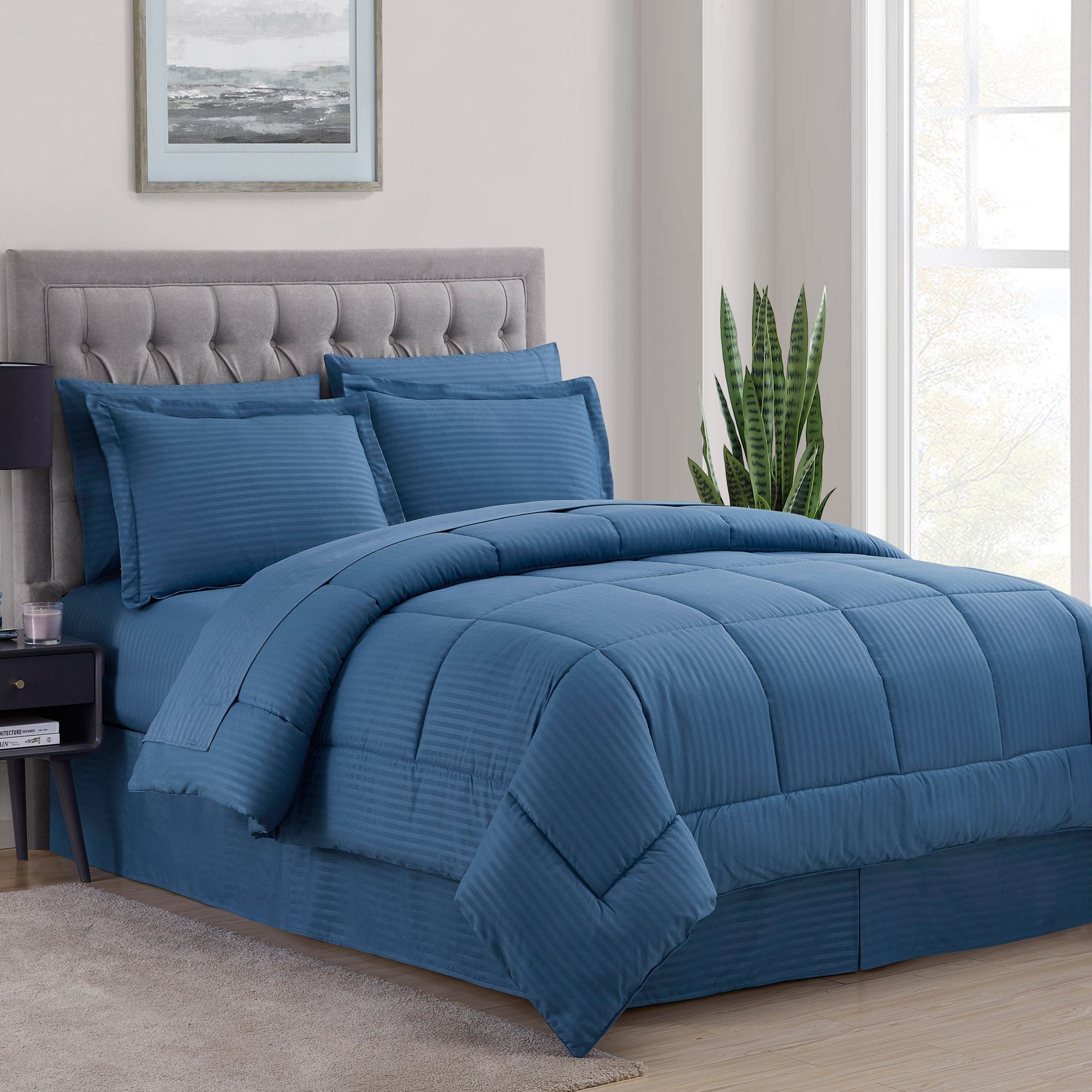Sweet Home Collection 8 Piece Embossed Dobby Stripe All Season Bed in a Bag Set Queen Denim