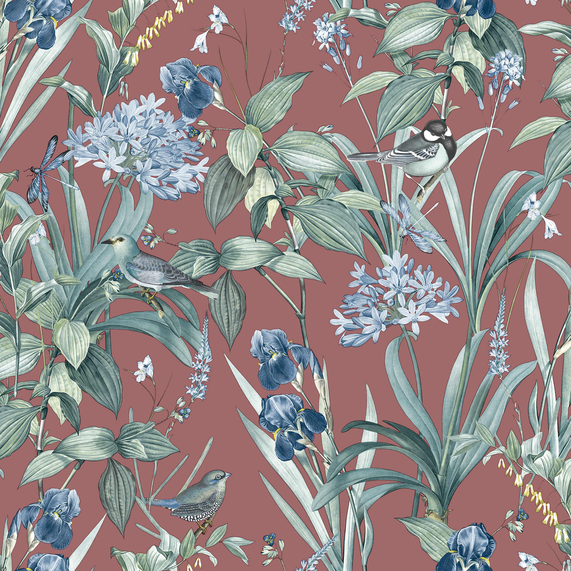 Veer Decor VRBT10-746 Mint Birds and Dragonflies Botanical Red Wallpaper