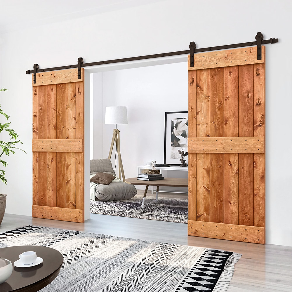 Calhome 72 In X 84 In Red Walnut Pine Wood Solid Core Double Bypass Barn Door Hardware Included