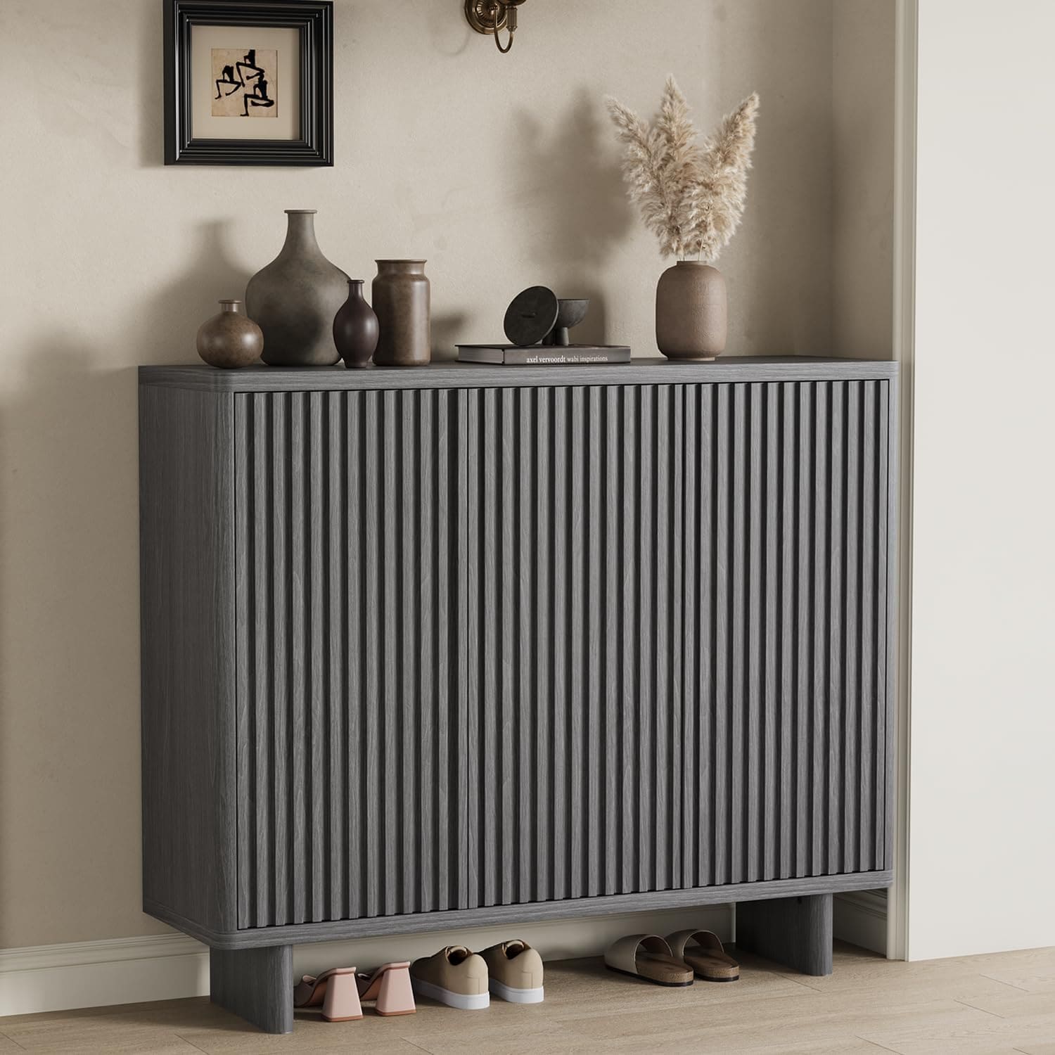 Garvee 46 Inch Shoe Cabinet with Fluted Door 5 Tier Storage with 4 Adjustable Shelves Rustic Entryway Shoe Bench for Hallway Grey