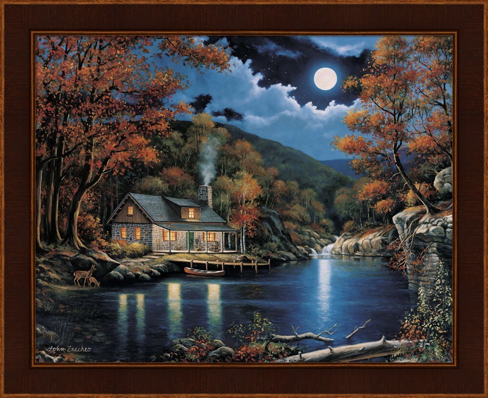 Metaverse Corporation PLI761305 Cabin By The Lake by John Zaccheo, Framed Art, 29.25W x 24H