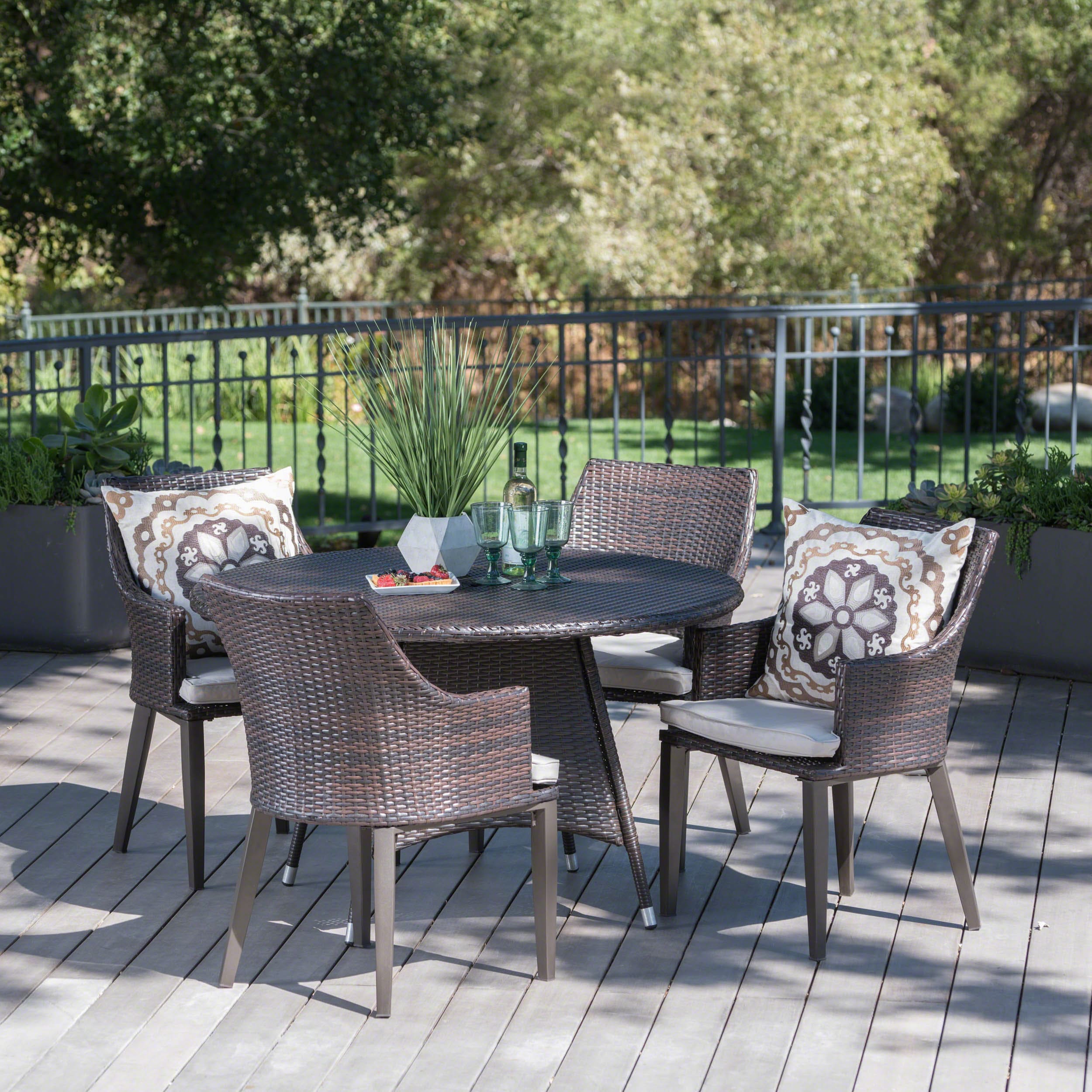 Christopher Knight Home 302469 Hillhurst Outdoor 5 Piece Multibrown Wicker Round Dining Set with Light Brown Water Resistant Cushions