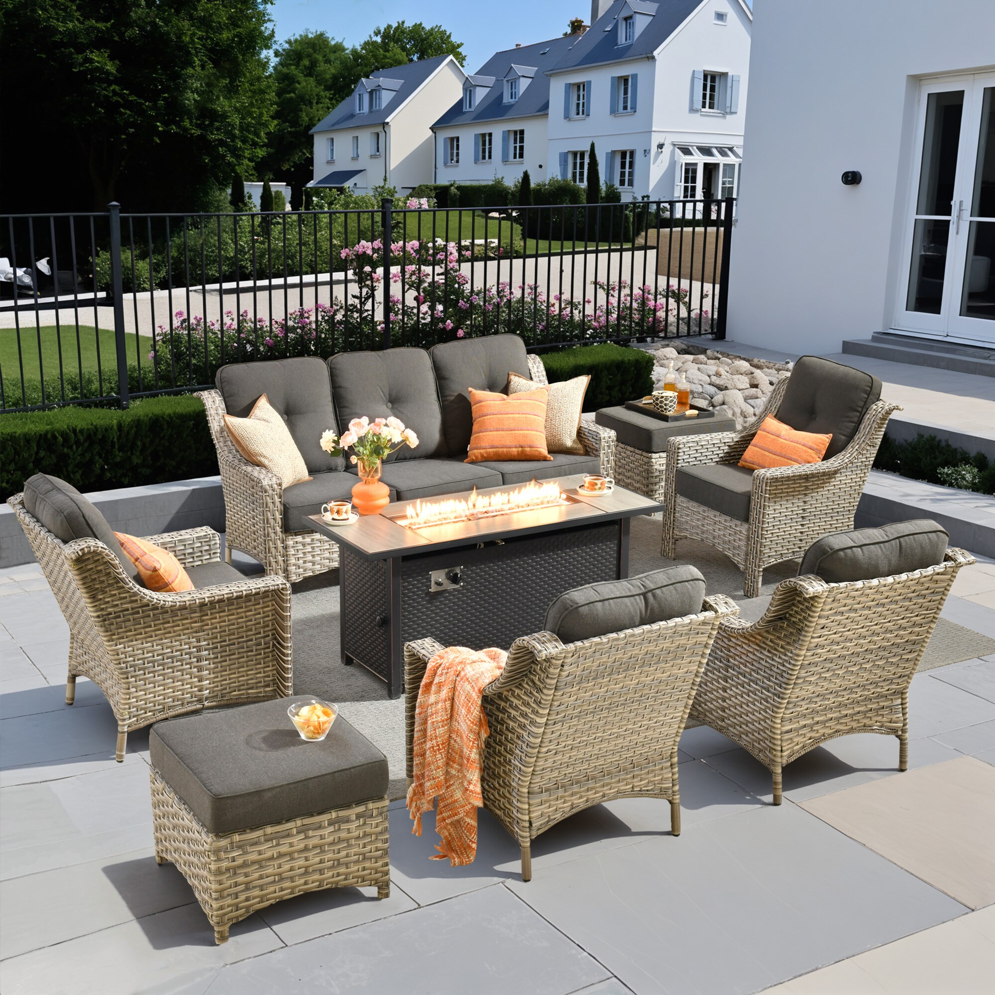 Pouuin SDFPAD108 8 -Piece Wicker Patio Sofa Conversation Set with Black Cushions