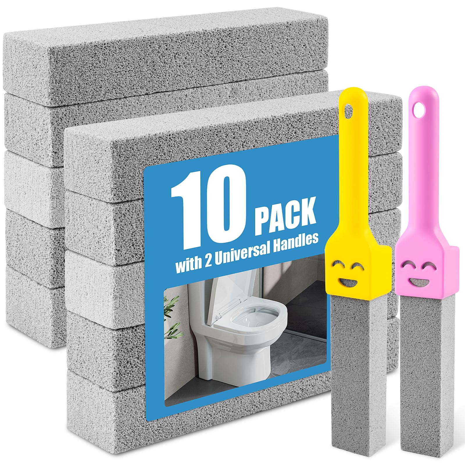 Phyfalip  10 pack pumice stone toilet bowl cleaner with 2 handles reusable scouring stones for removing hard water rings limescale and rust safe