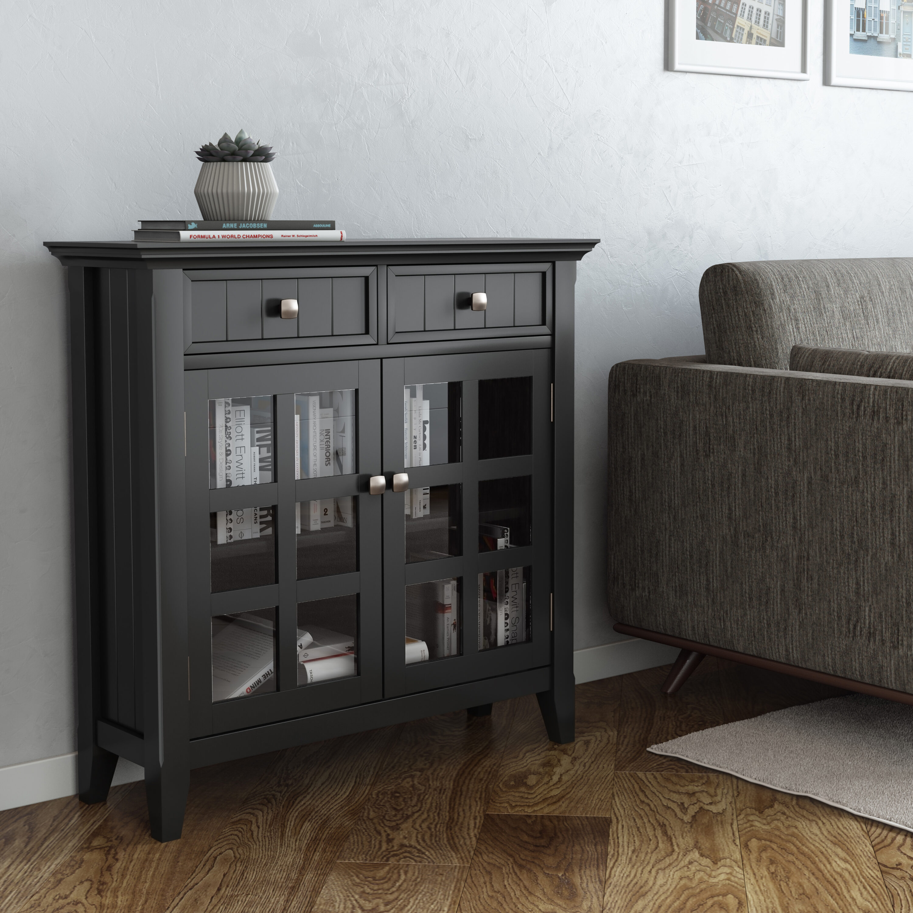 Black Solid Wood Freestanding Office Storage Cabinet with Adjustable Shelving