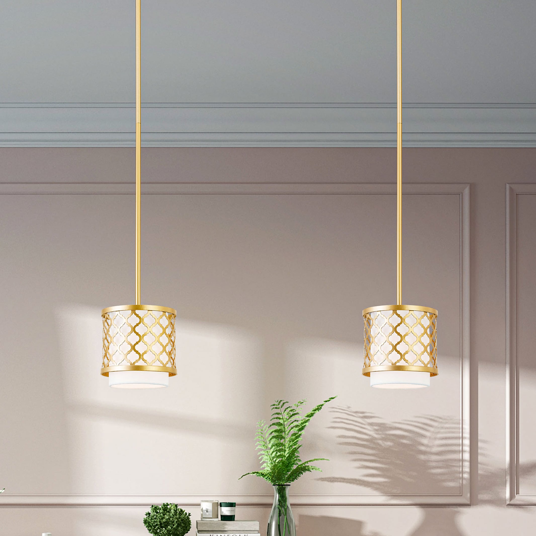 Arabesque Soft Gold Mini Pendant with Off-White Fabric Shade