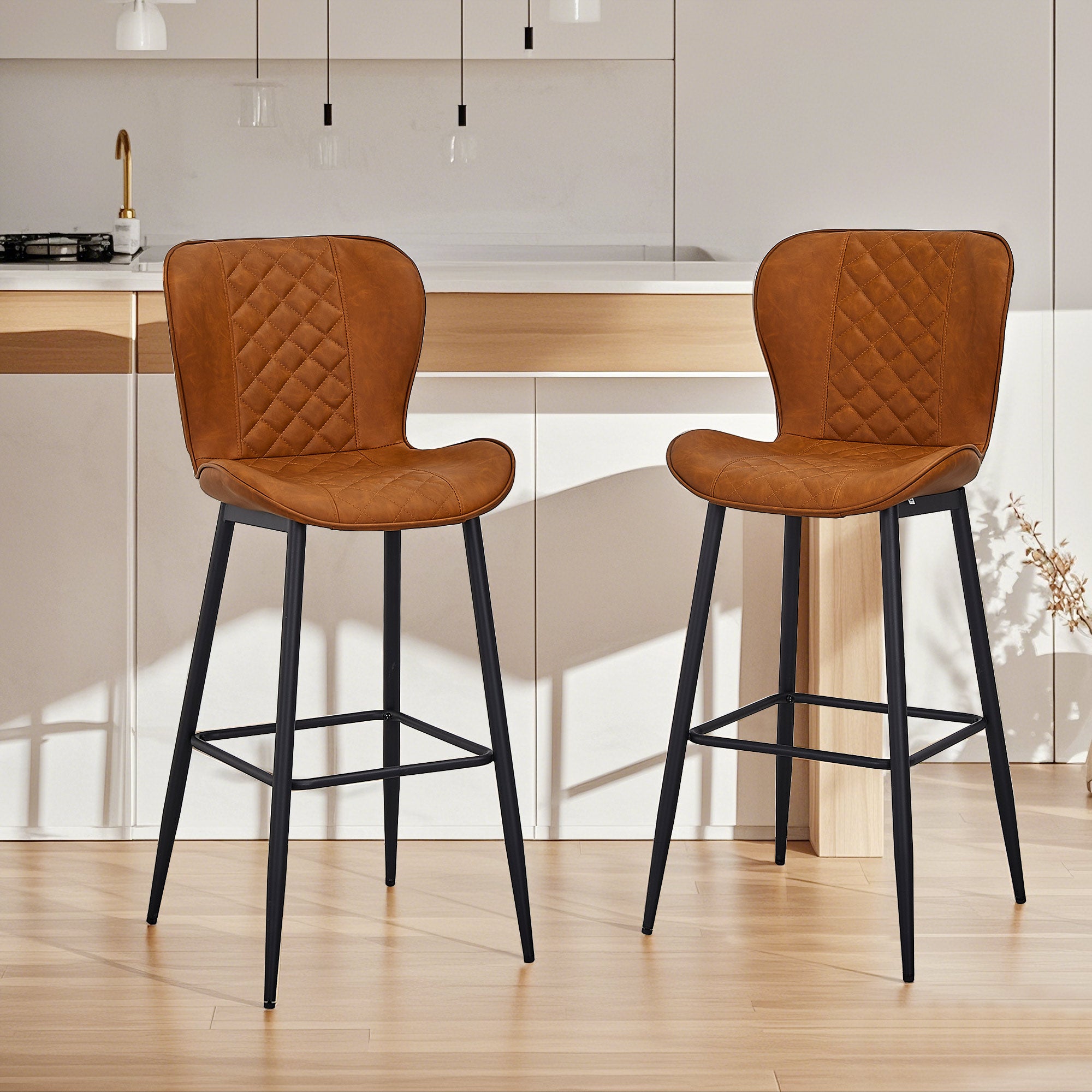 Vecelo LOE-CC01-BRN Set Of 2 Bar Stool Faux Leather Counter Height Modern Bar Stools With Back Metal Legs