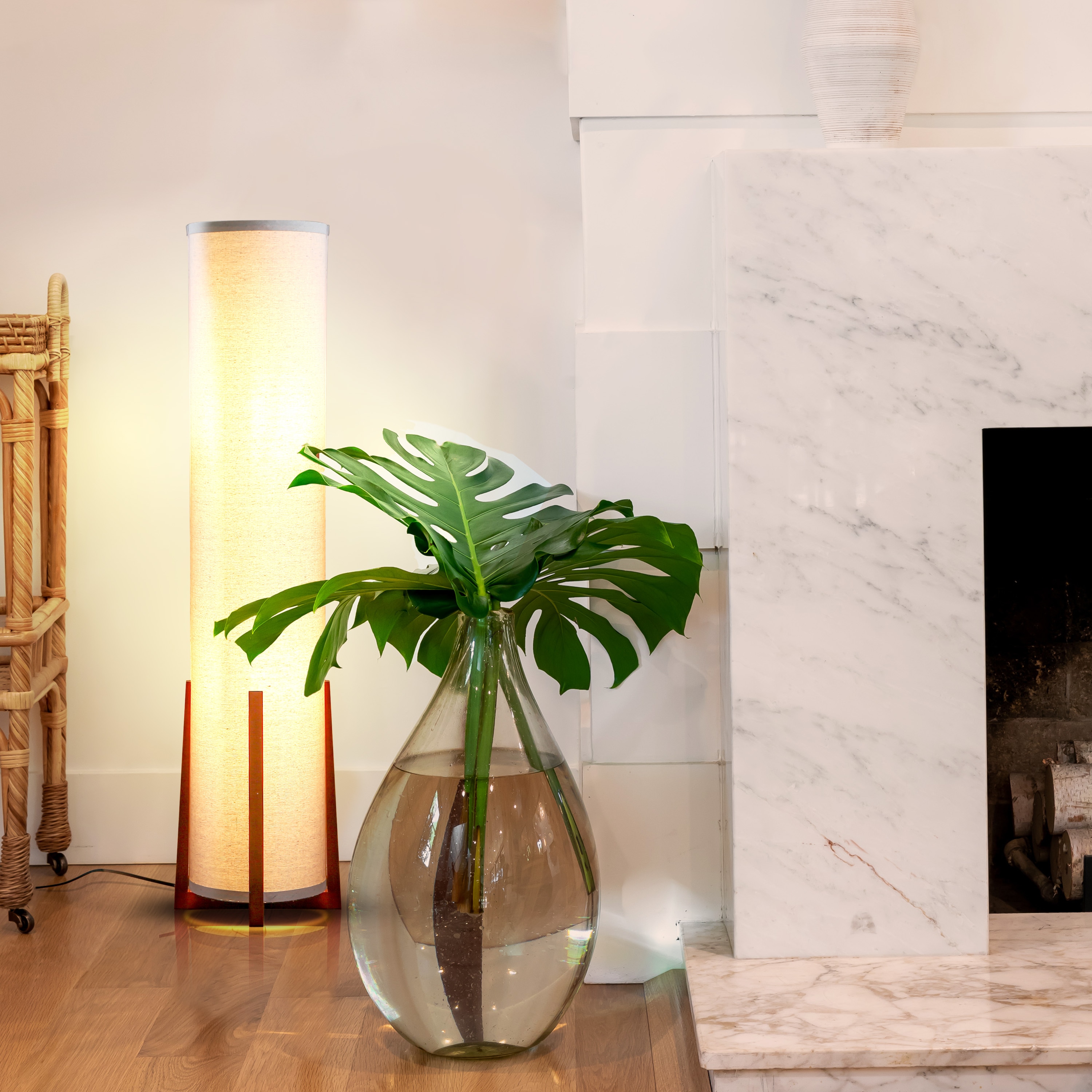 48-Inch White Linen and Wood Floor Lamp with LED