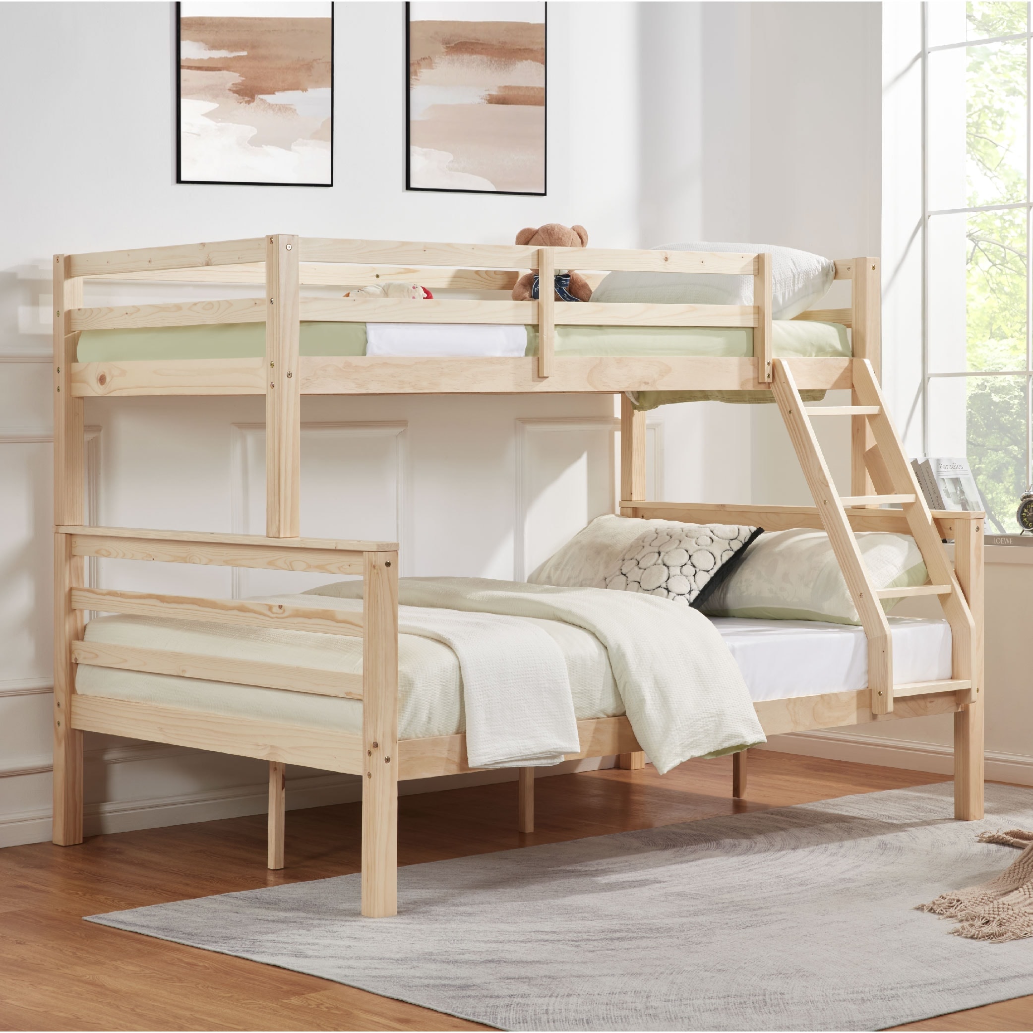 Tatayosi Twin over Full Bunk Bed with Thick Posts;Wooden Bunk Bed with High Guardrail and Ladder for Kids; Teens; Dorm Rooms; and Guest Rooms;No Box Spring Needed;Natural