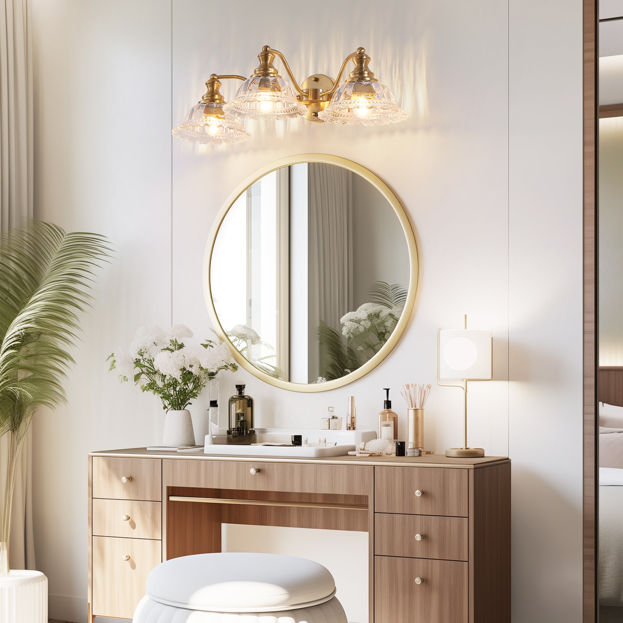 Blisstyle 24 Inch 3-Light Vintage Gold Vanity Light - Premium Glass Shade for Bathroom Lighting Over Mirror - Incandescent Compatible