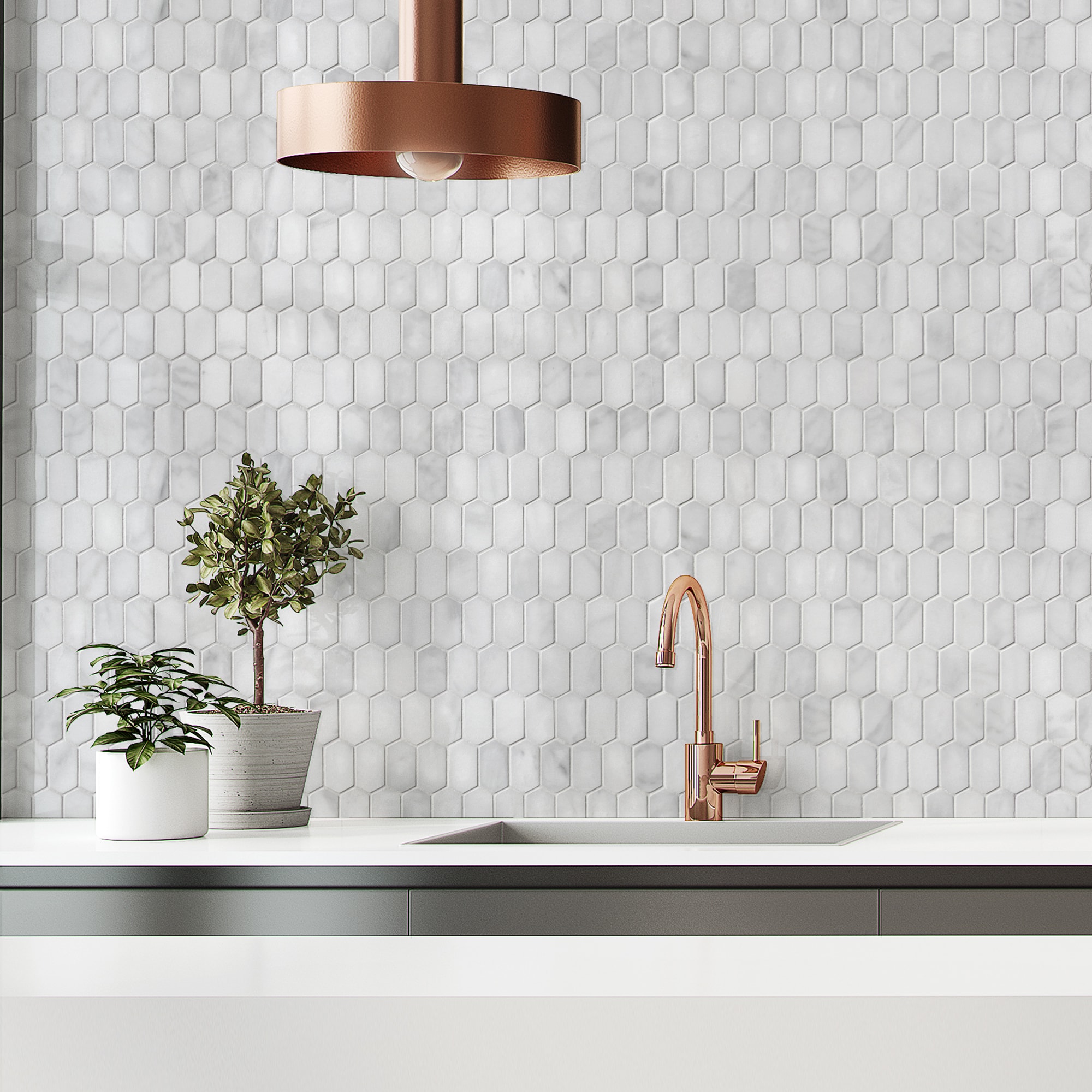12" x 10" White Carrara Marble Hexagonal Mosaic Tile