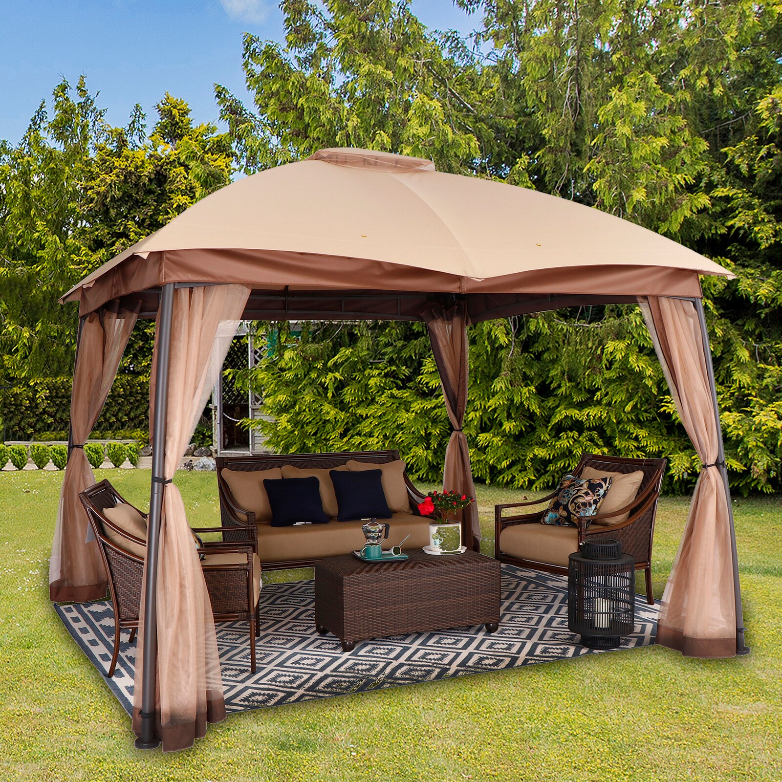 StarEcho 10-ft x 10-ft Arc leg patio gazebo with netting Square Khaki ...