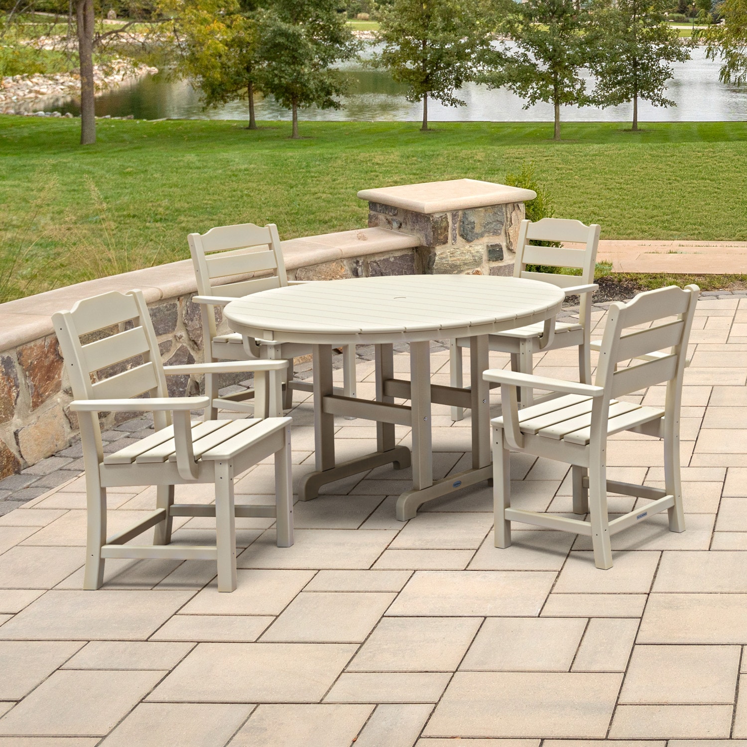 allen + roth by POLYWOOD PWS730-1-SA Oakport 5 -Piece Sand Patio Dining Set Plastic Round Table with 4 Stationary Chairs