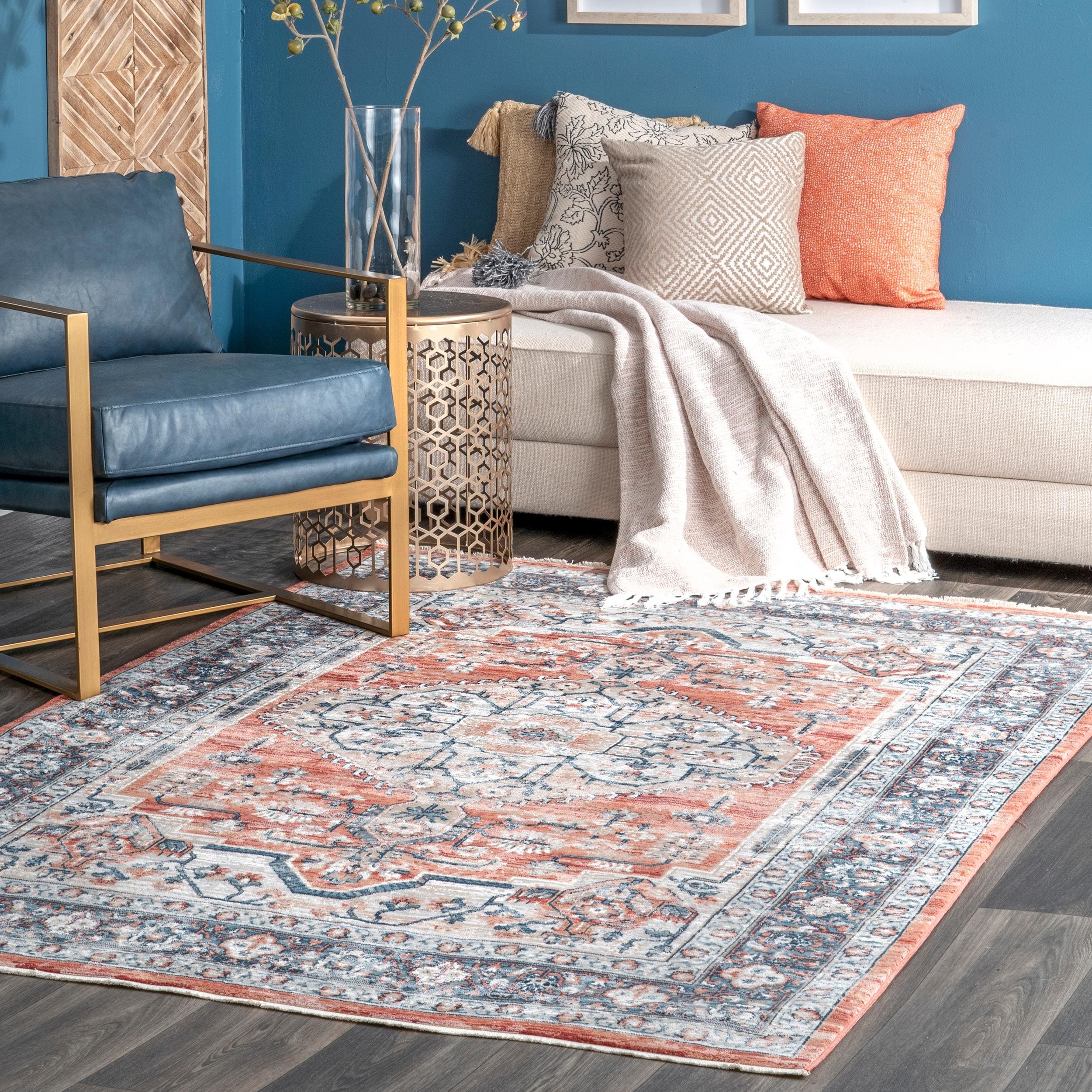 Zara Blue and Rust Synthetic Oval Medallion Area Rug 5' x 8'