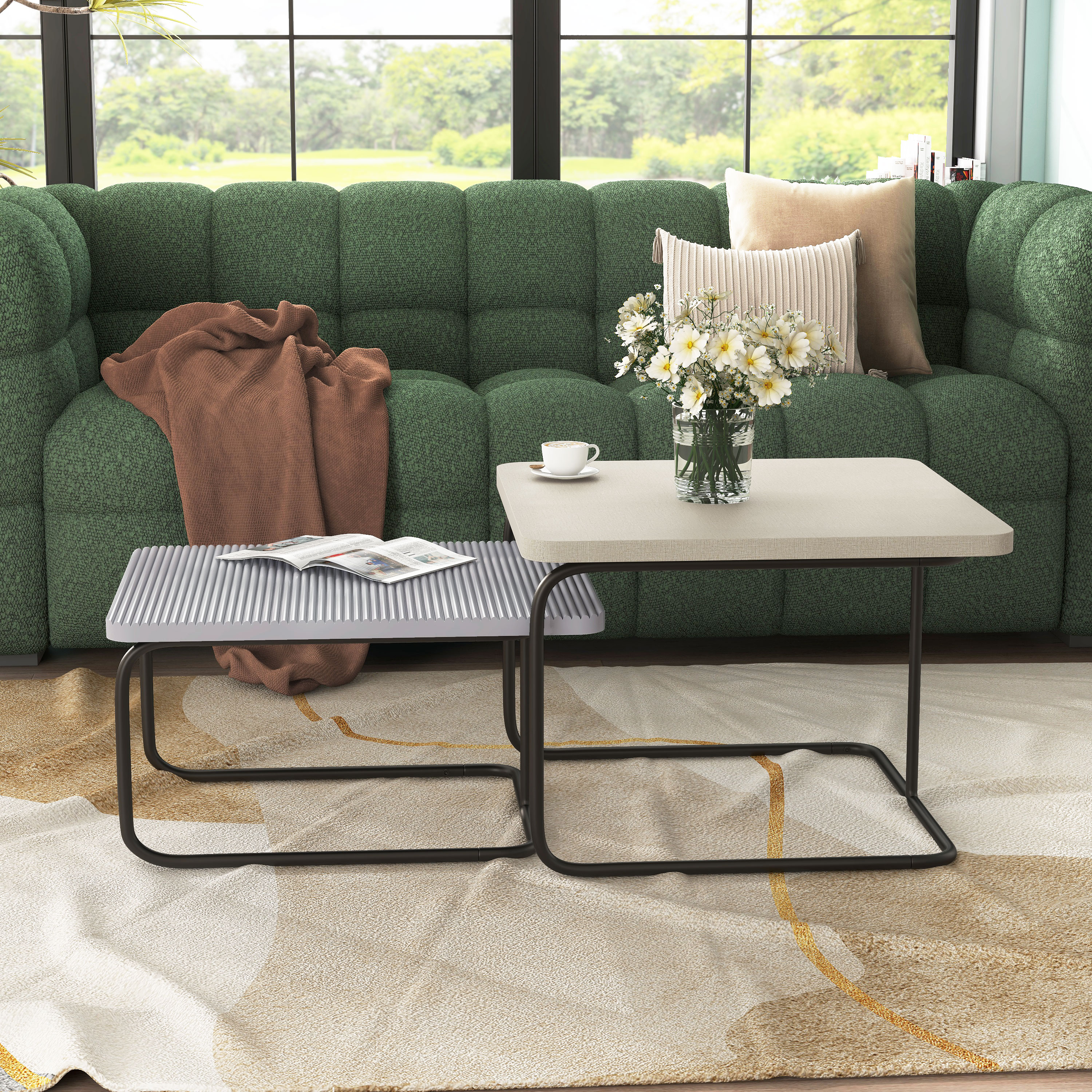 Modern Cream and Gray Textured 2-Piece Nesting Coffee Table Set