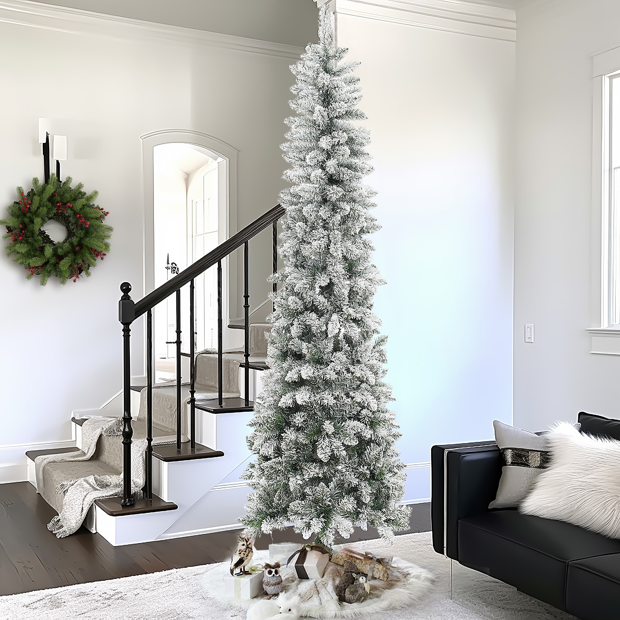 7.4ft Slim Flocked Green PVC Christmas Tree with Metal Stand