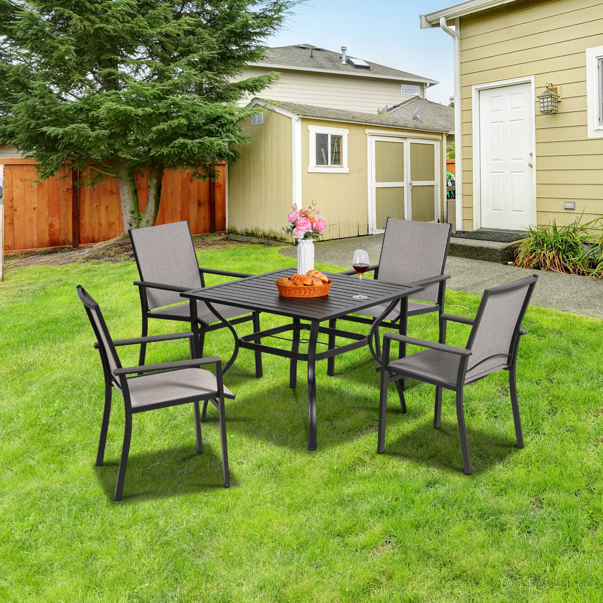 Mondawe MD-070-260 5 -Piece Black Patio Dining Set Iron Square Table with 4 Stationary Chairs