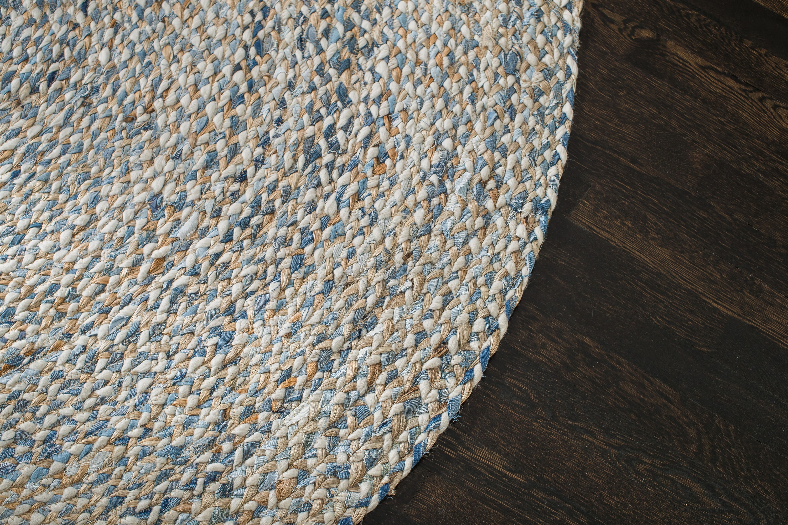 6' Round Braided Denim Blue Cotton and Jute Area Rug