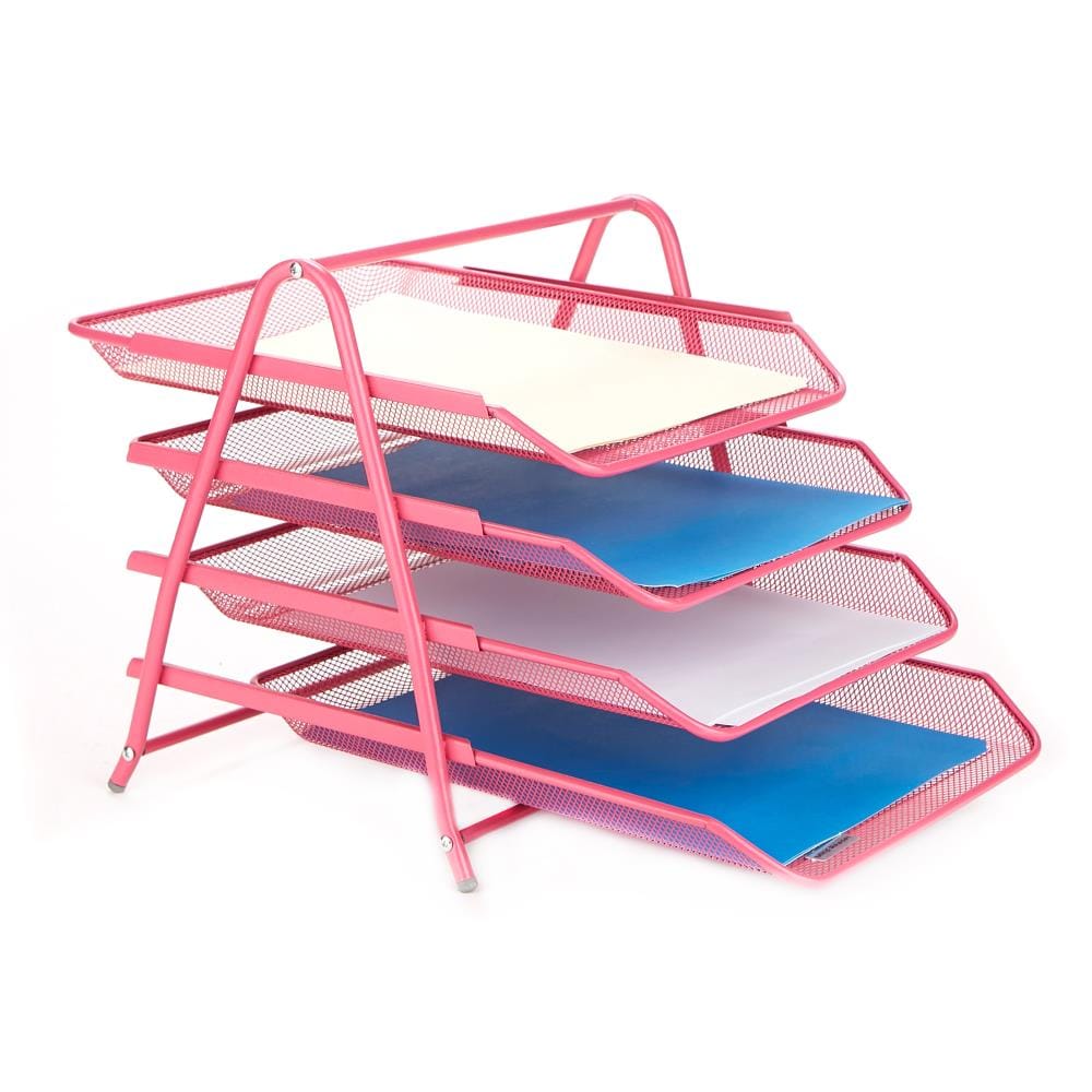 Mind Reader 4TPAPER-PNK Metal 4 Compartment Letter Tray, Pack of 1, Pink