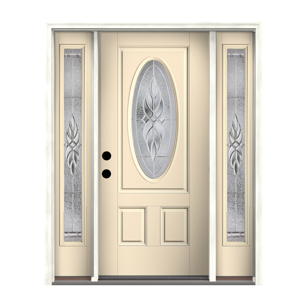 Therma-Tru Benchmark Doors Varissa 68-in x 80-in Fiberglass Oval Lite  Right-Hand Inswing Fossil Painted Prehung Single Front Door with Sidelights  with Brickmould Insulating Core in the Front Doors department at