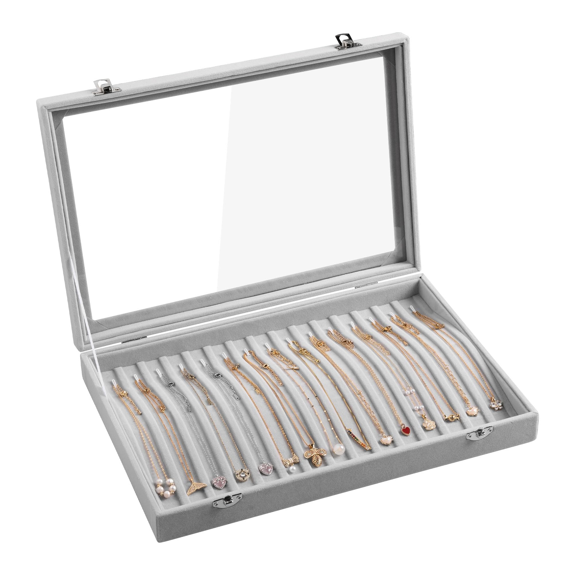 UUDULY  Necklace Organizer Tray with Fifteen Hooks Velvet Covered Lockable Clear Lid Jewelry Storage Box for Women and Girls Grey
