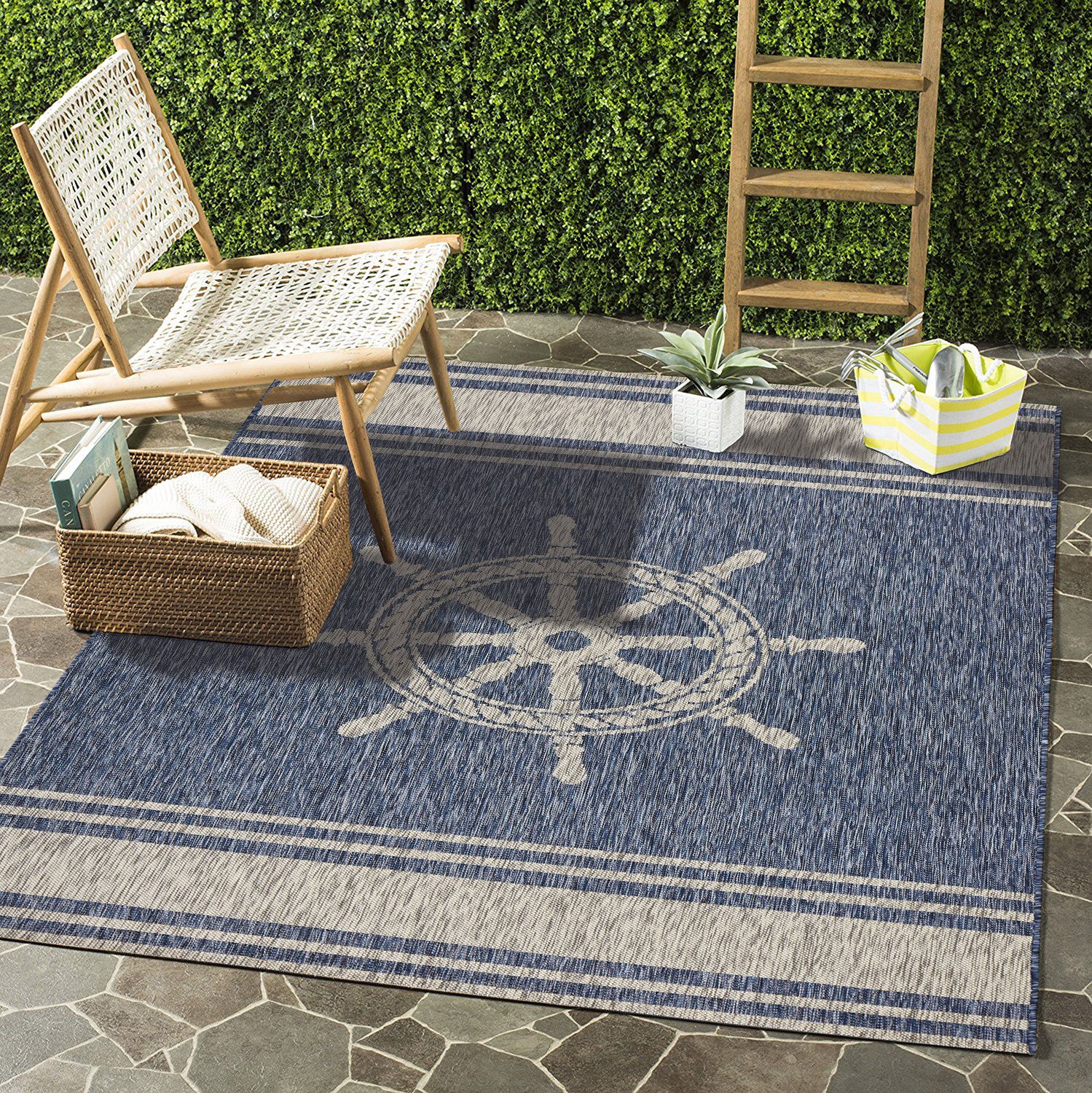 Nautical Gray and Blue Synthetic 5' x 7' Area Rug