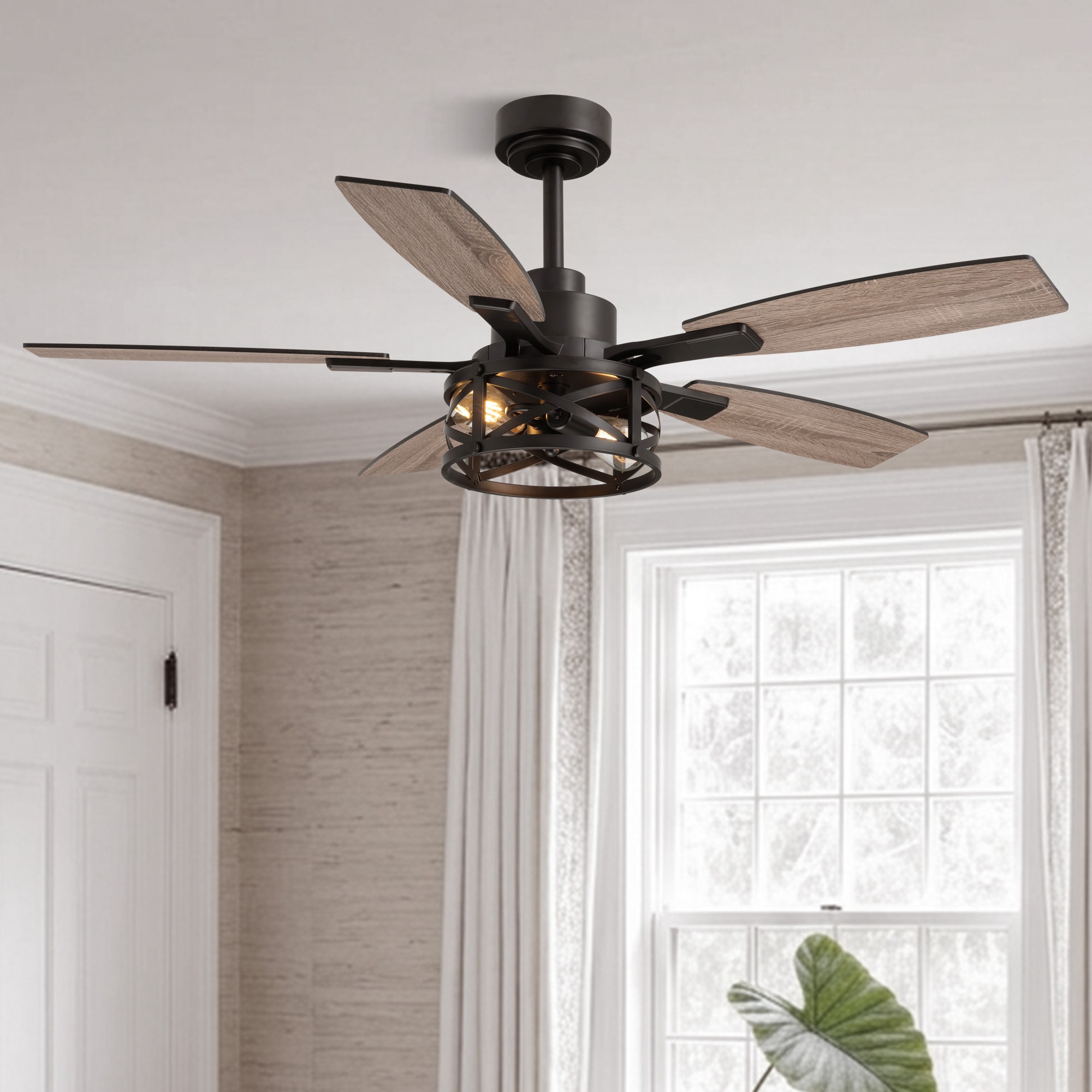 FANNEHONNE 52-In Matte Black Farmhouse Cage Ceiling Fan with Light Remote Control 5 Blade Reversible Two Tone Blades Quiet DC Motor 6 Speed for Bedroom Living Room Kitchen