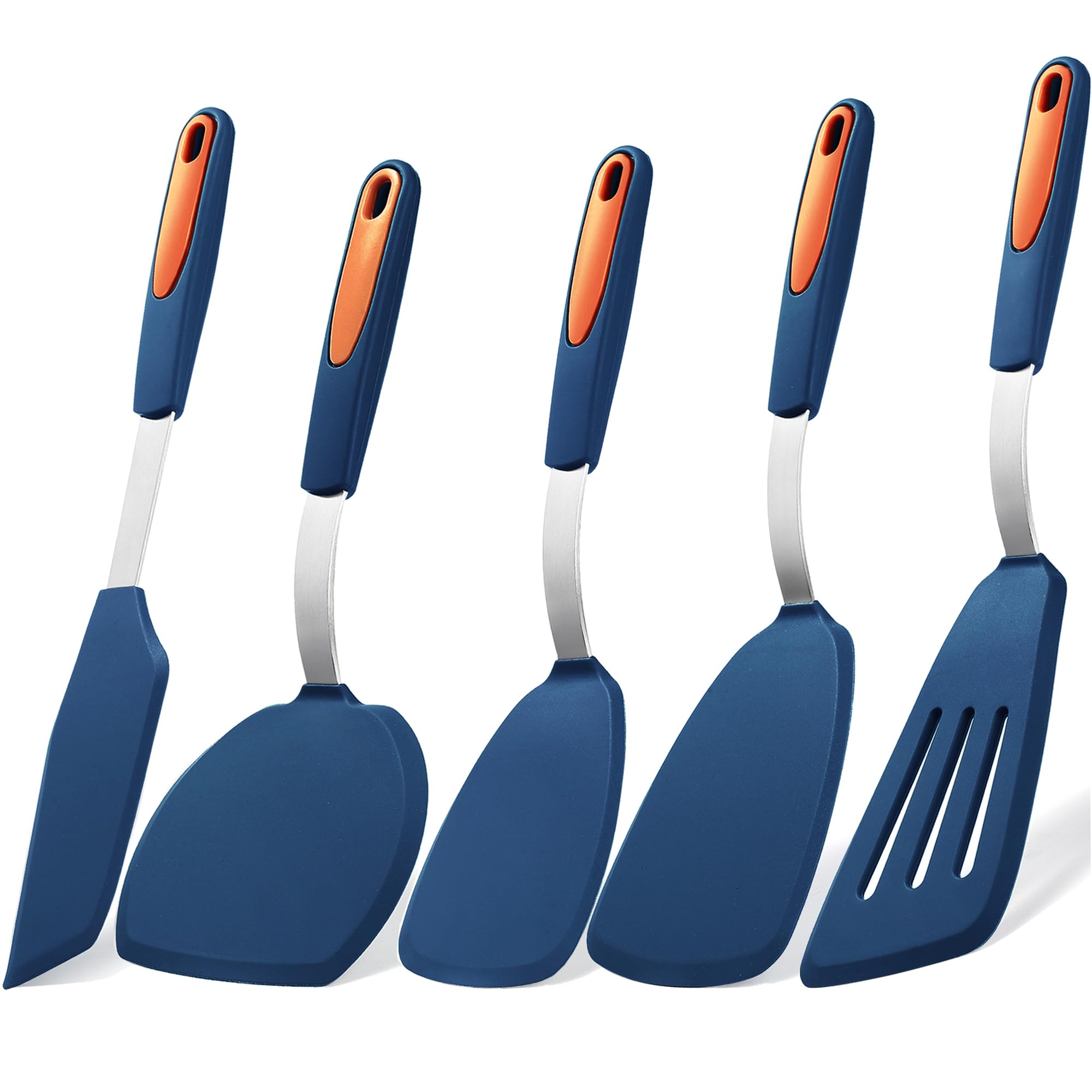 LILILIAN FMY  Five Piece Silicone Spatula Set Heat Resistant Cooking Utensils Non Stick Turner Spatulas for Fish Egg Pancake Navy Blue