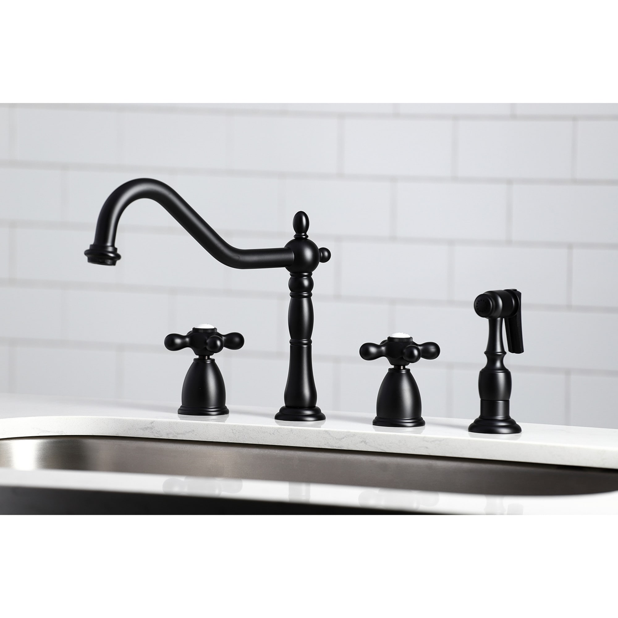 Kingston Brass WLKB1790AXBS Heritage Matte black Double Handle Deck-mount Kitchen Faucet with Sprayer ( Side Sprayer Included )
