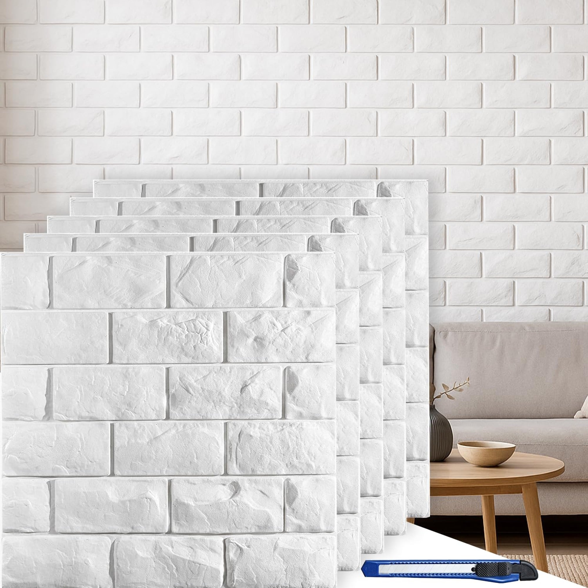 Angel Sar 30 Pack White Brick 3D Wall Panels Printable Self Adhesive Waterproof Foam Faux Brick Paneling 29.06 Sq Ft Coverage for Bedroom Bathroom Kitchen Fireplace