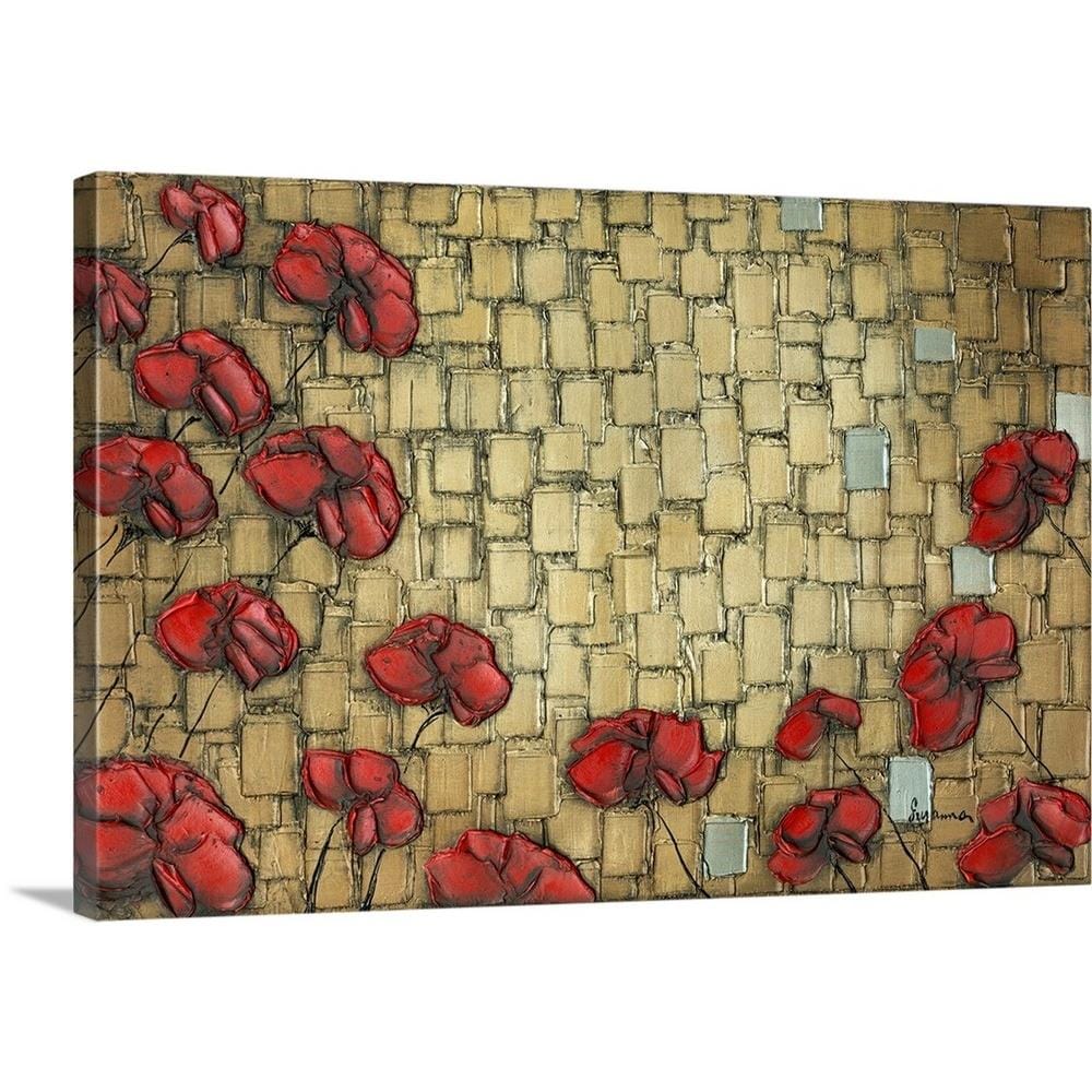 GreatBigCanvas 2527076-24-30X20 Abstract Red Poppies On Gold by 20-in H x 30-in W Abstract Print on Canvas