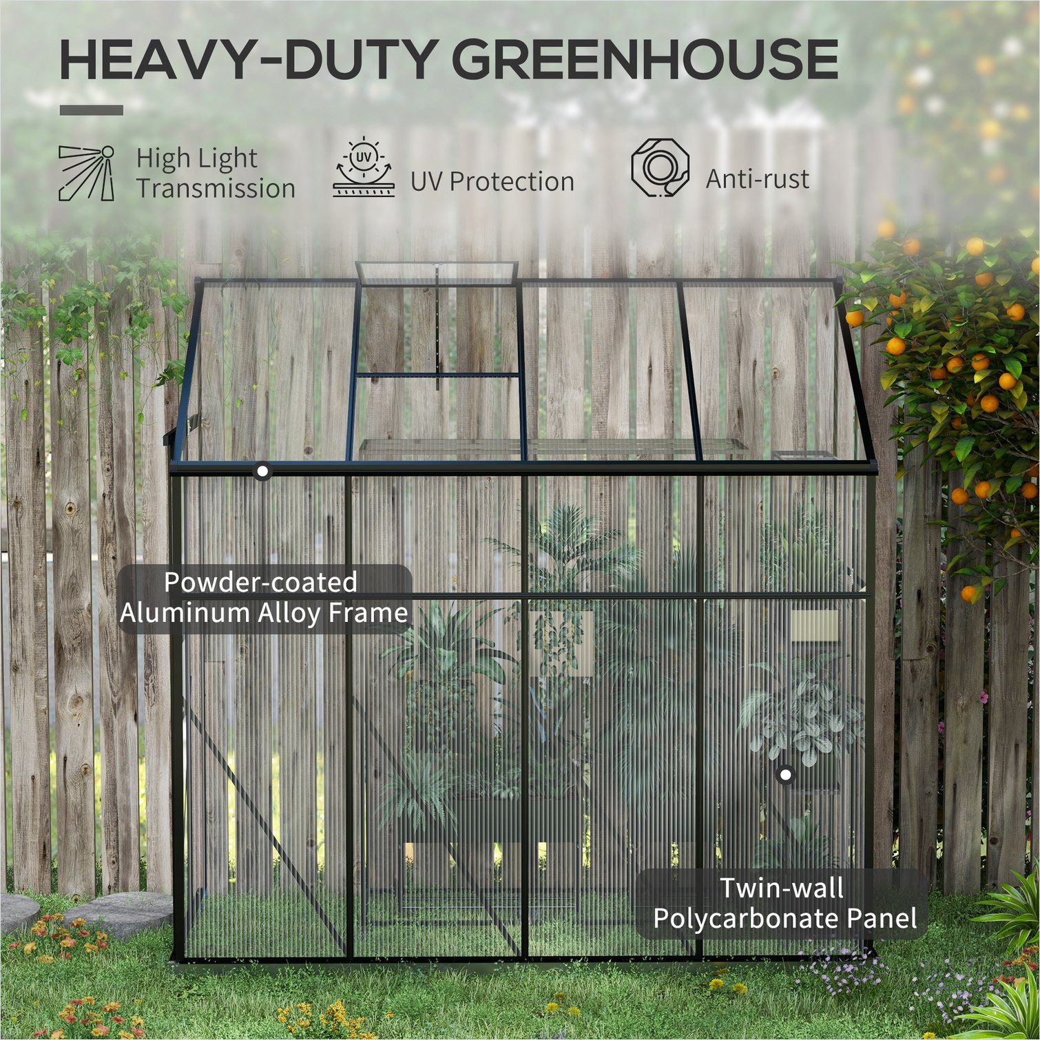 Watnature Walk-in lean-to greenhouse with rain gutter black aluminum ...