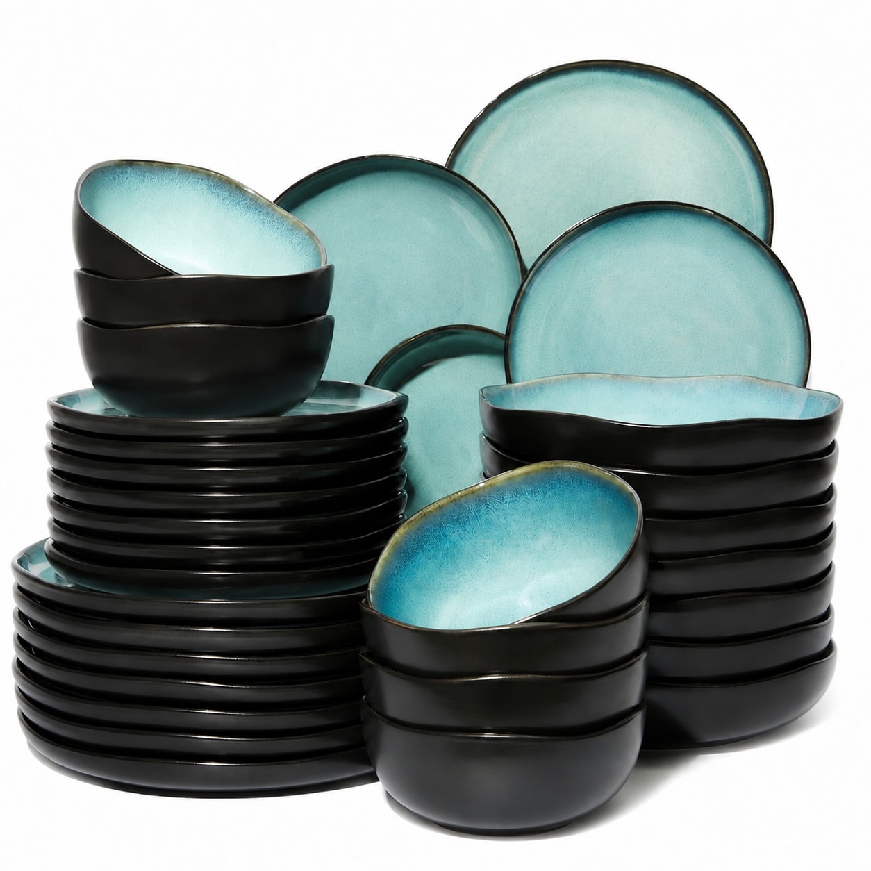 Aoibox  32 Piece Reactive Glaze Stoneware Dinnerware Set Green and Black Coastal Style Irregular Edge Dinnerware Set Service