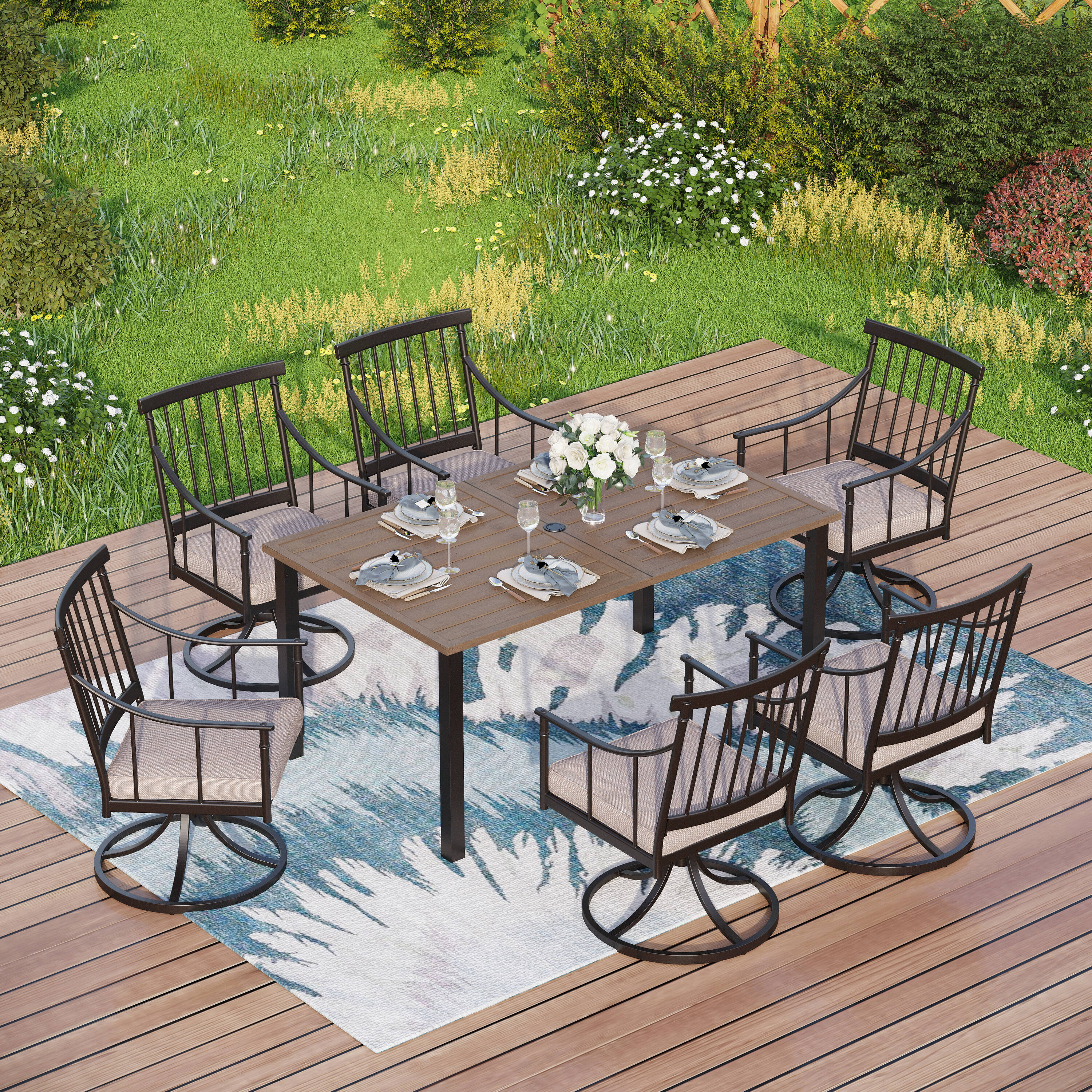 Sunshine Valley S7-458-155 Outdoor Table and Chairs 7 -Piece Black Patio Dining Set Wood Rectangle Table with 6 Beige Cushions Swivel Chairs