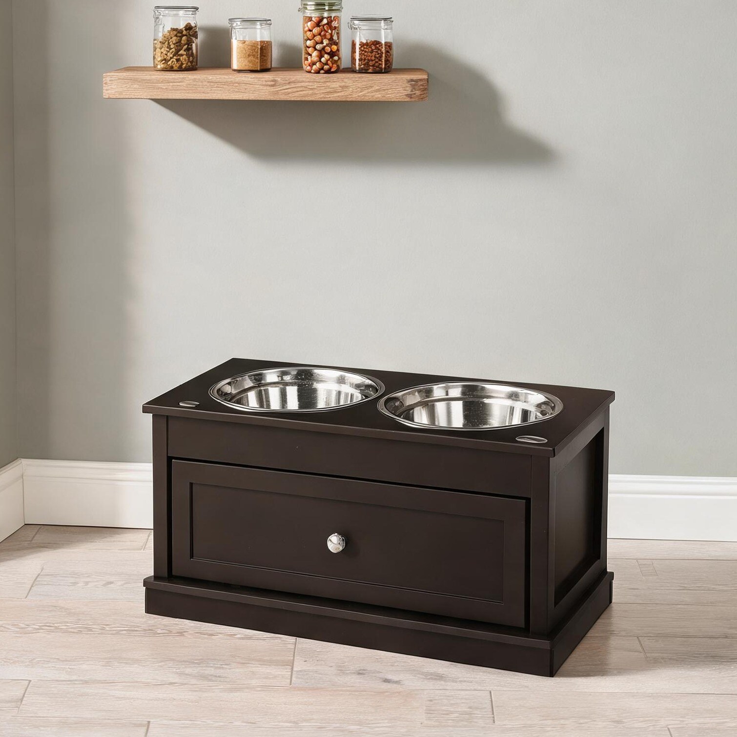 Naturefalls Bowls and Feeders with Coffee Brown MDF and Stainless Steel Storage and Drawers #3I6GU5SX4P1V