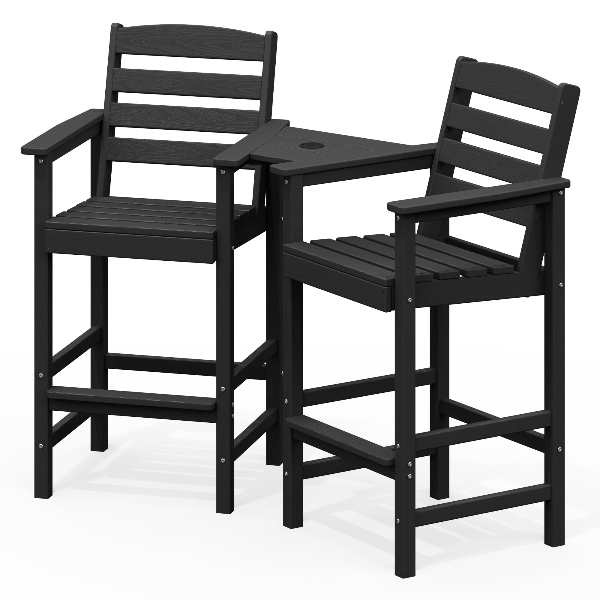 VOUA JYLTGBY-BK HDPE Patio Adirondack Chairs Set of 2 with Connecting Tray Set of 2 Black HDPE Frame Stationary Adirondack Chair with Slat Seat