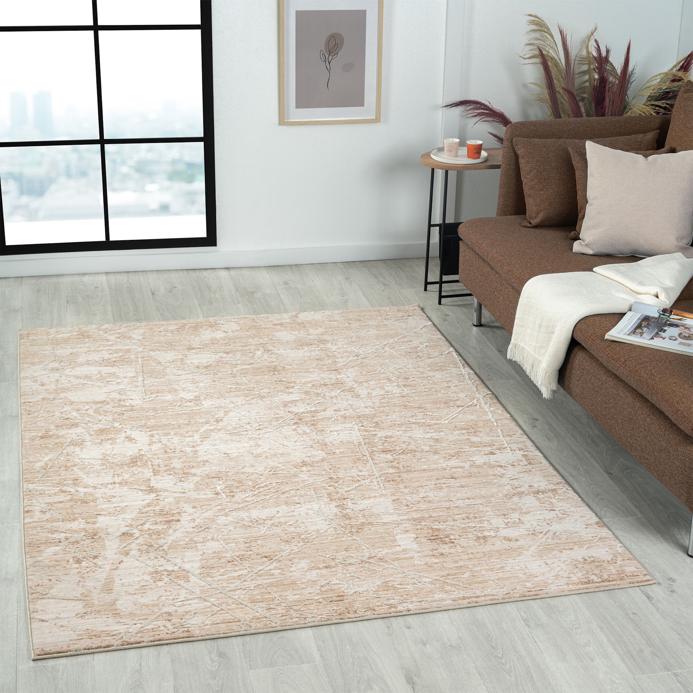 LR Home 5467A1590304J8 4 x 6 (ft) Loomed Polyester Beige Rectangular Indoor Abstract Farmhouse/Cottage Area rug