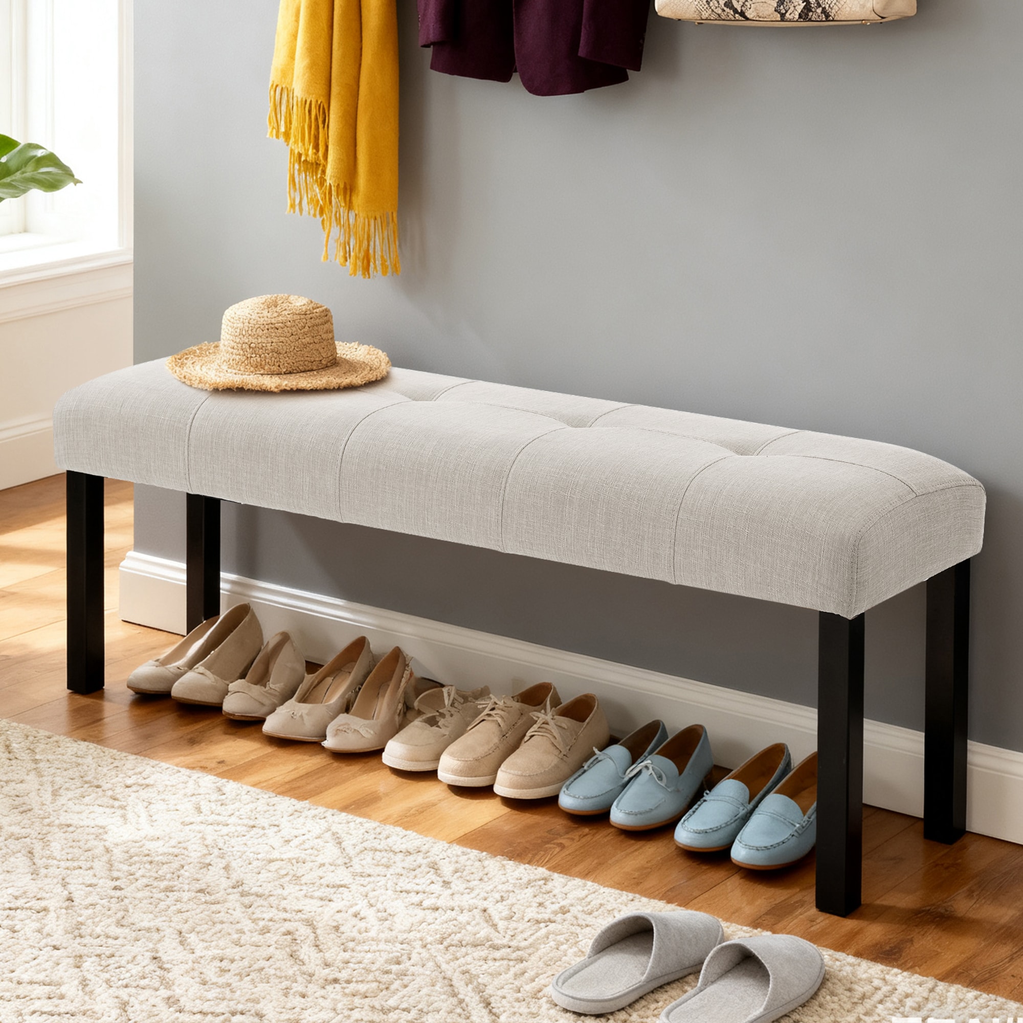 GDFStudio Modern 47 in Tufted Linen Upholstered Dining Entryway Bench with Solid Wood Legs Versatile for Kitchen Bedroom Hallway - Beige