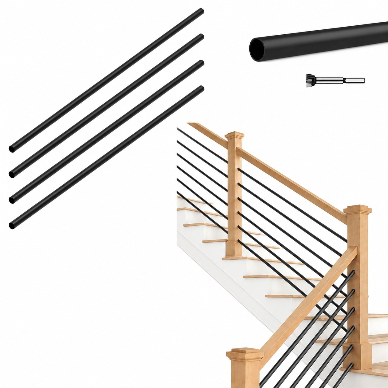 Aoibox  5 Pack 48 in x 5 8 in Round Hollow Iron Horizontal Stair Spindles with Drill Bit in Matte Black